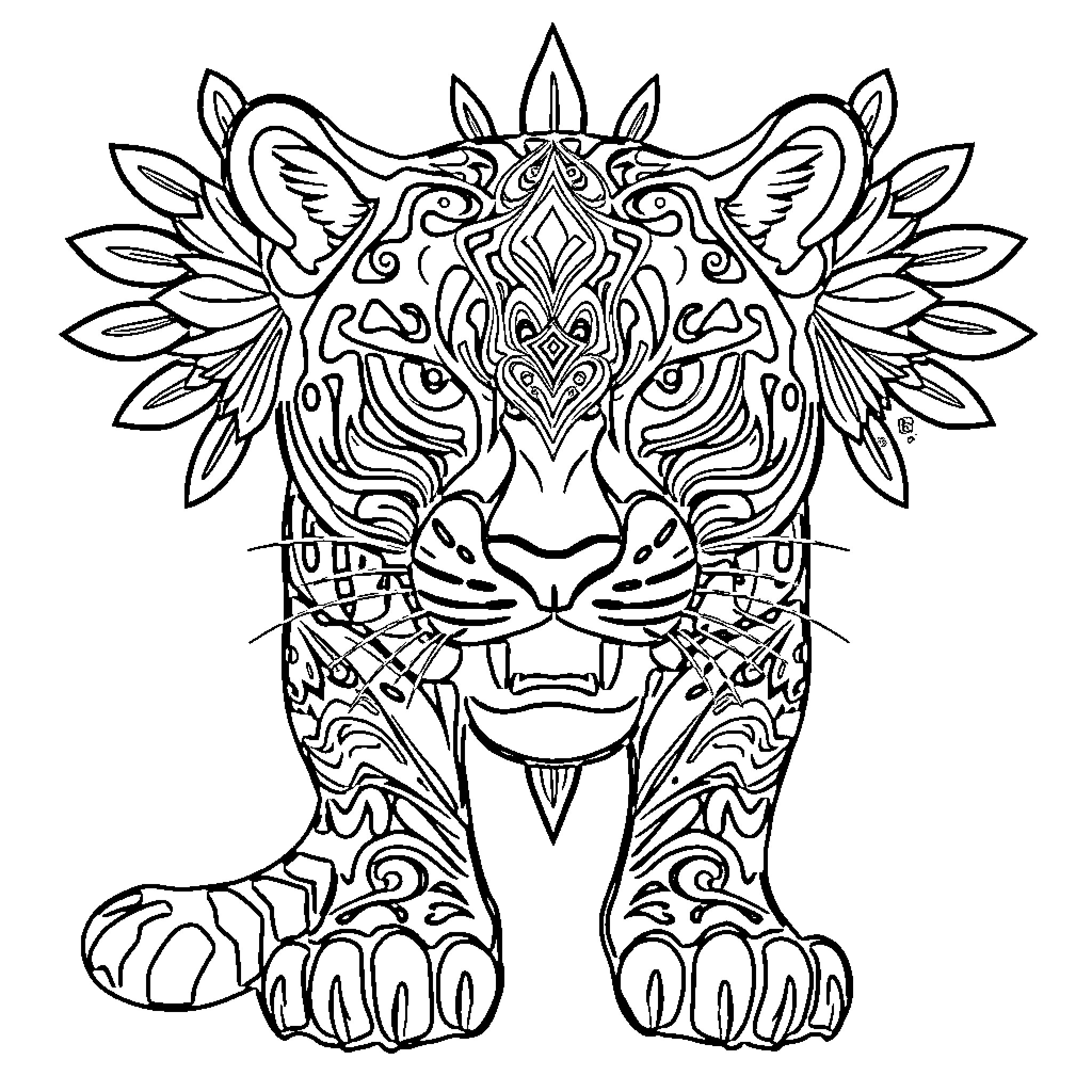 Jaguar with intricate patterned fur and ornate headpiece Coloring Page (free black-and-white line drawing printable PDF for all, from beginners to advanced learners, including children, teens, adults, and seniors)
