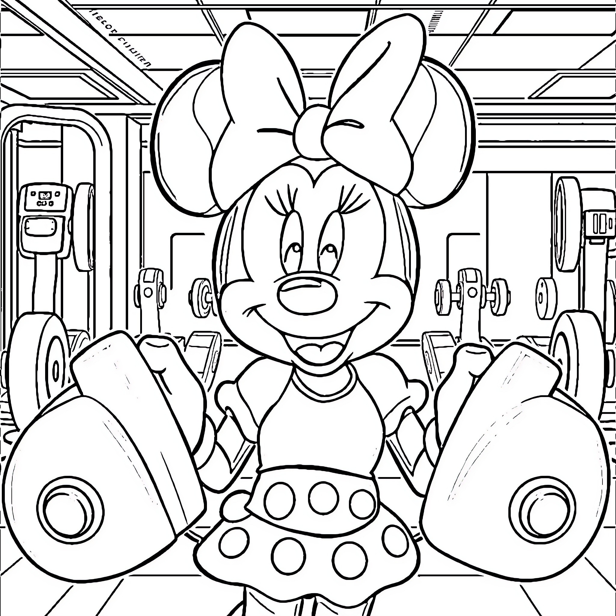 Minnie Mouse happily posing in a gym setting Coloring Page (free black-and-white line drawing printable PDF for all, from beginners to advanced learners, including children, teens, adults, and seniors)