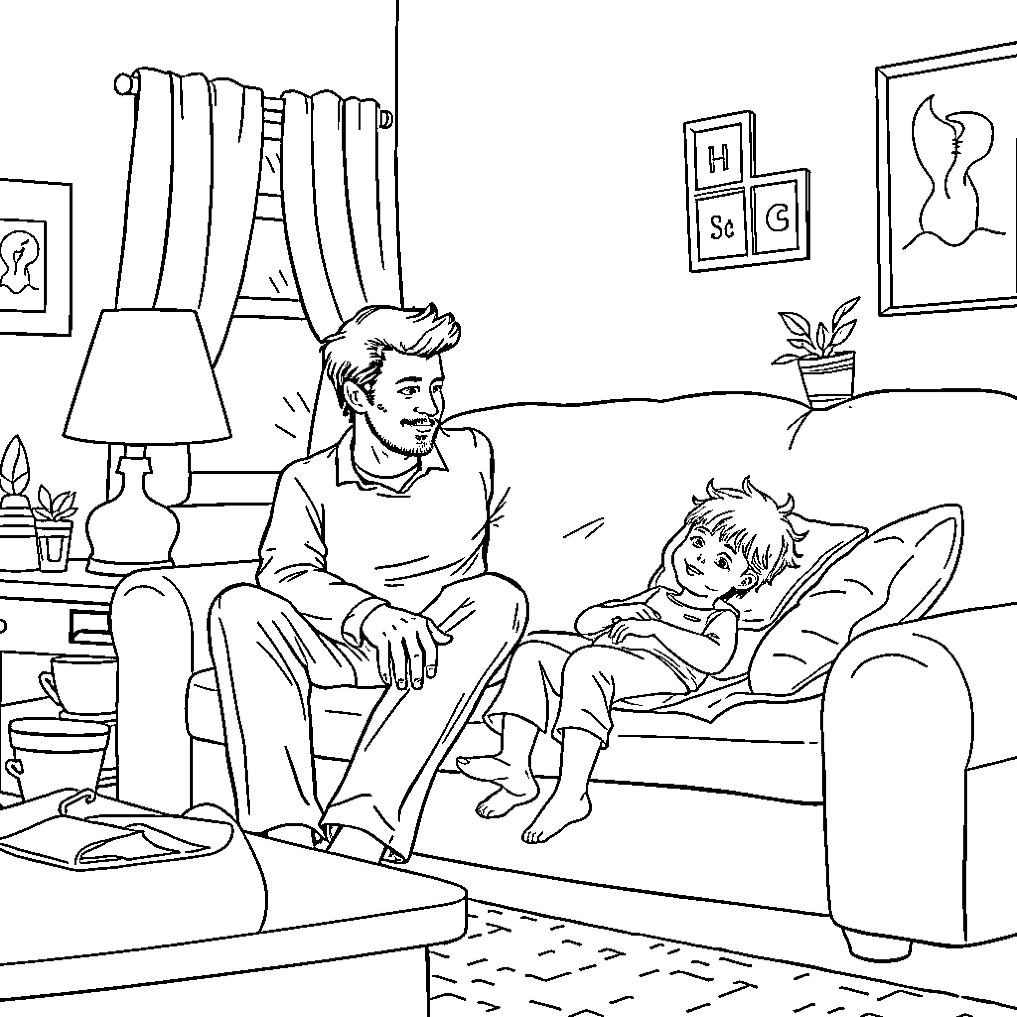 Father Spending Quality Time with Child Coloring Page (free black-and-white line drawing printable PDF for all, from beginners to advanced learners, including children, teens, adults, and seniors)