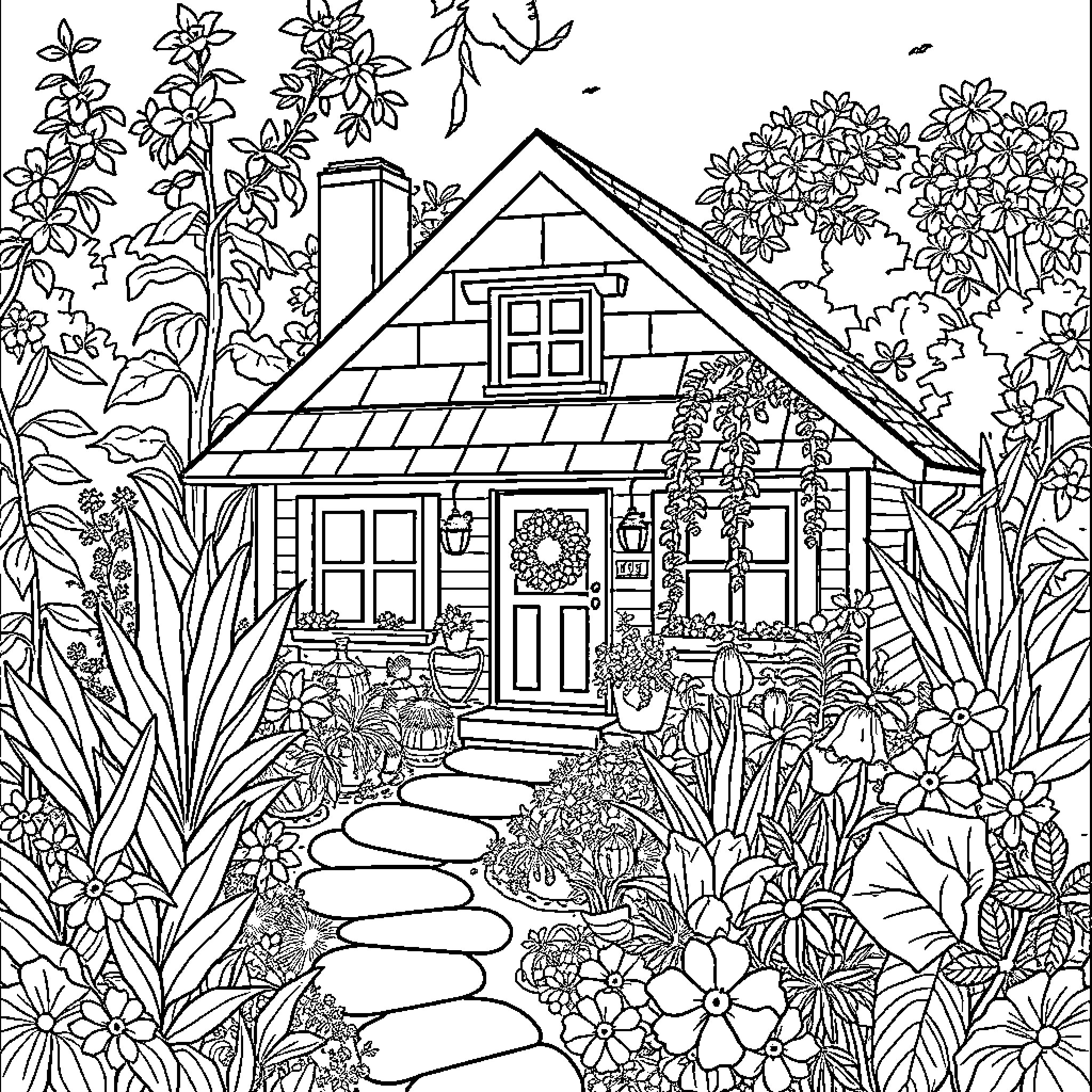 House with Lush Floral Garden and Walkway Coloring Page (free black-and-white line drawing printable PDF for all, from beginners to advanced learners, including children, teens, adults, and seniors)