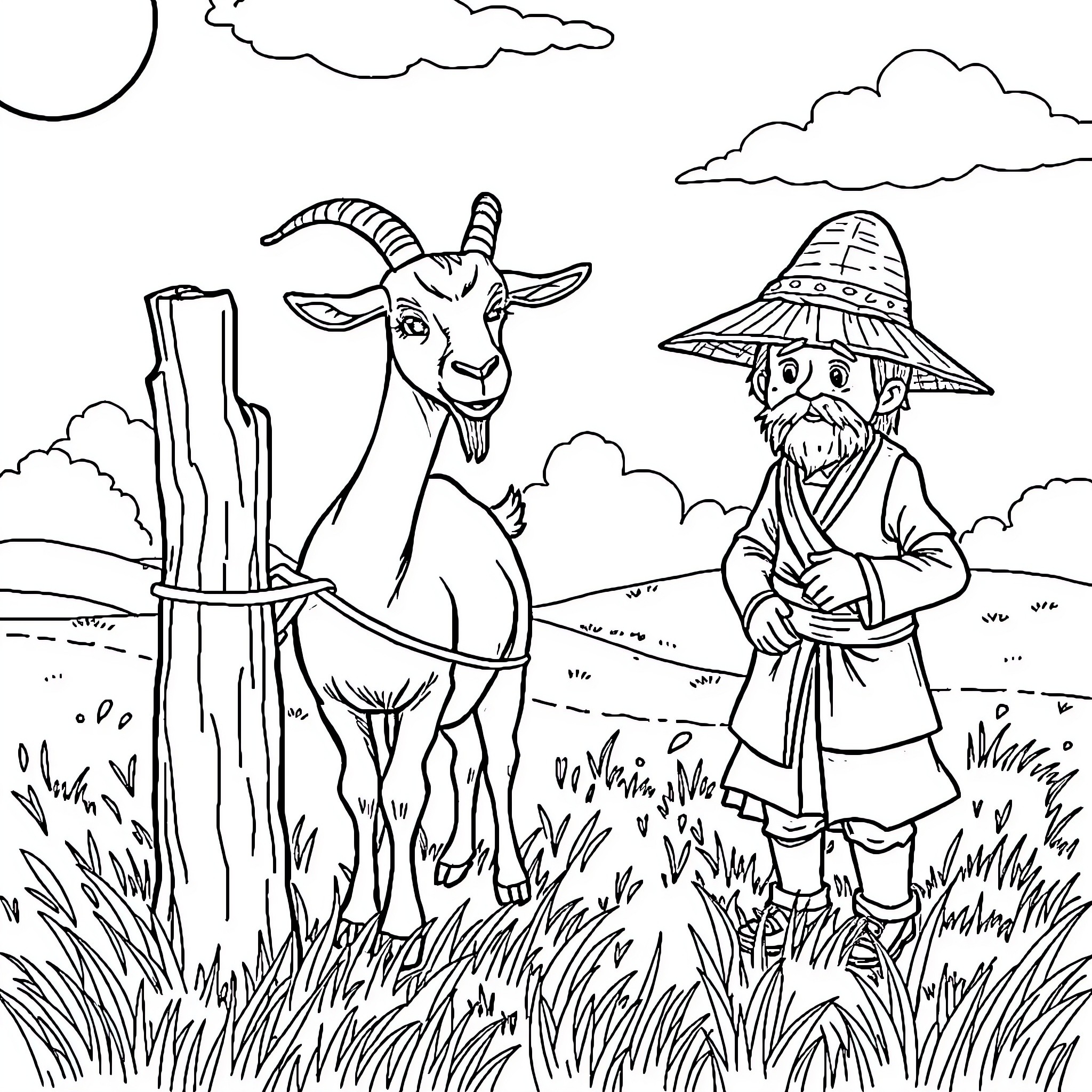 Goat and farmer in the countryside Coloring Page (free black-and-white line drawing printable PDF for all, from beginners to advanced learners, including children, teens, adults, and seniors)