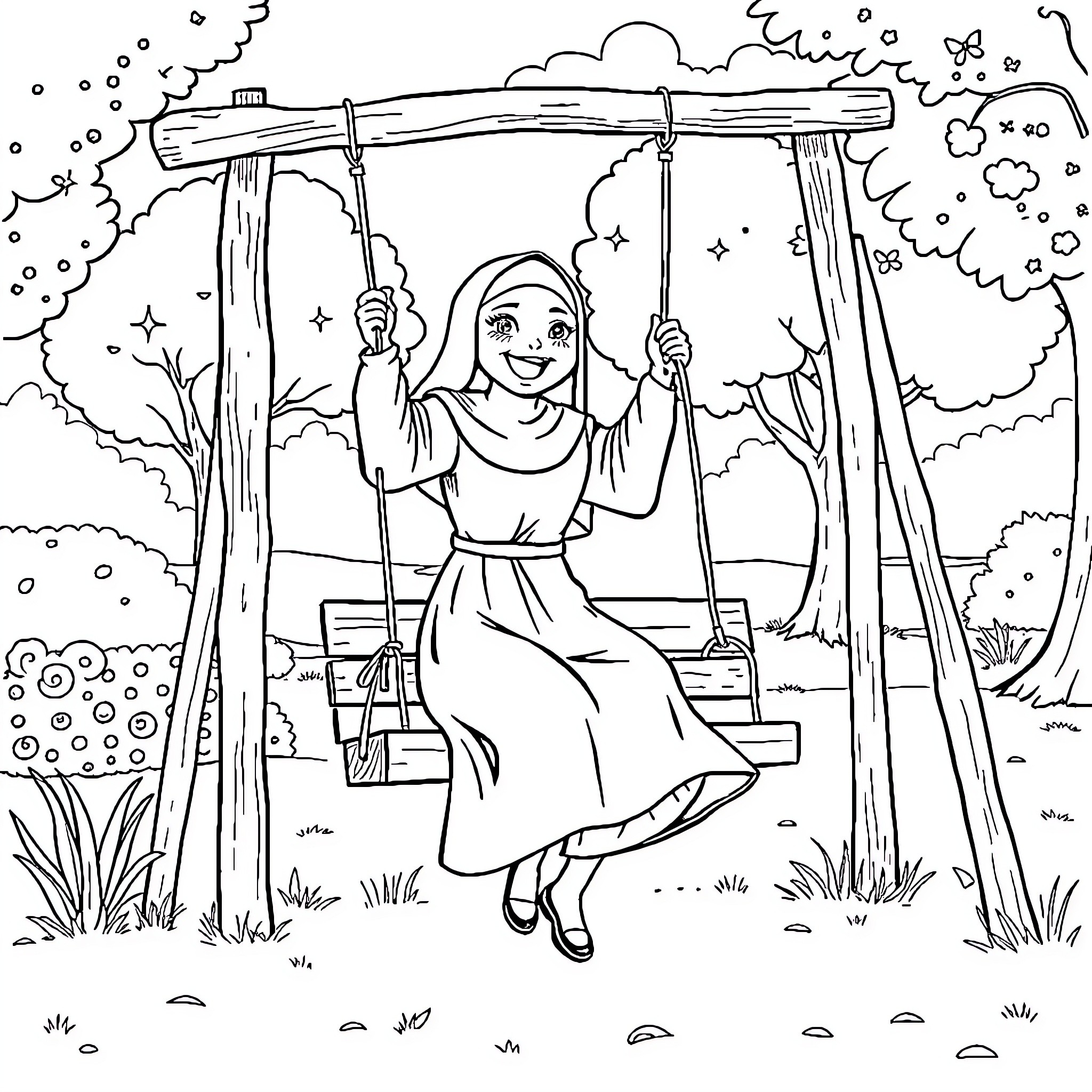 Nun enjoying swing in serene outdoor setting Coloring Page (free black-and-white line drawing printable PDF for all, from beginners to advanced learners, including children, teens, adults, and seniors)