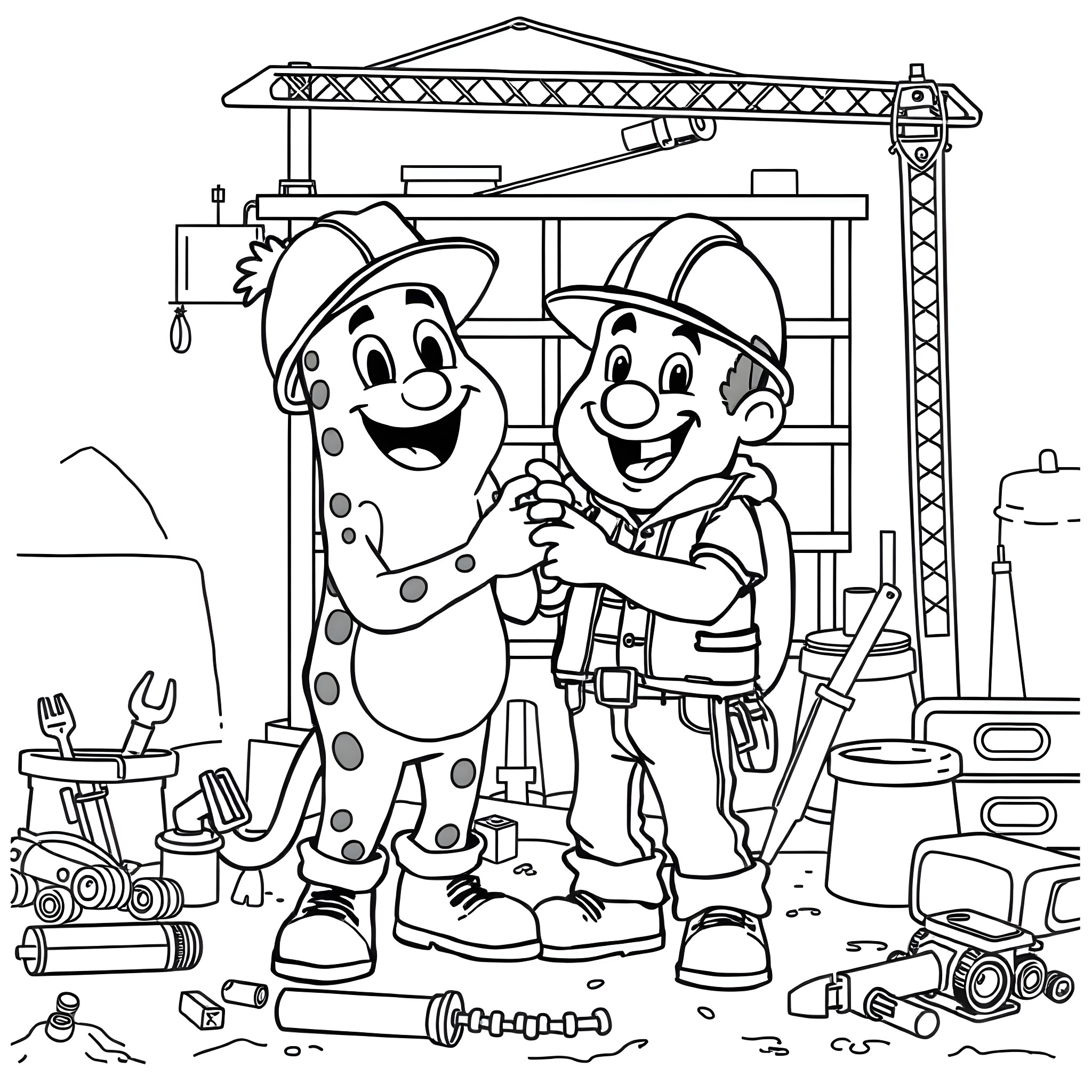 Bob and Buddy Building Construction Site Coloring Page (free black-and-white line drawing printable PDF for all, from beginners to advanced learners, including children, teens, adults, and seniors)