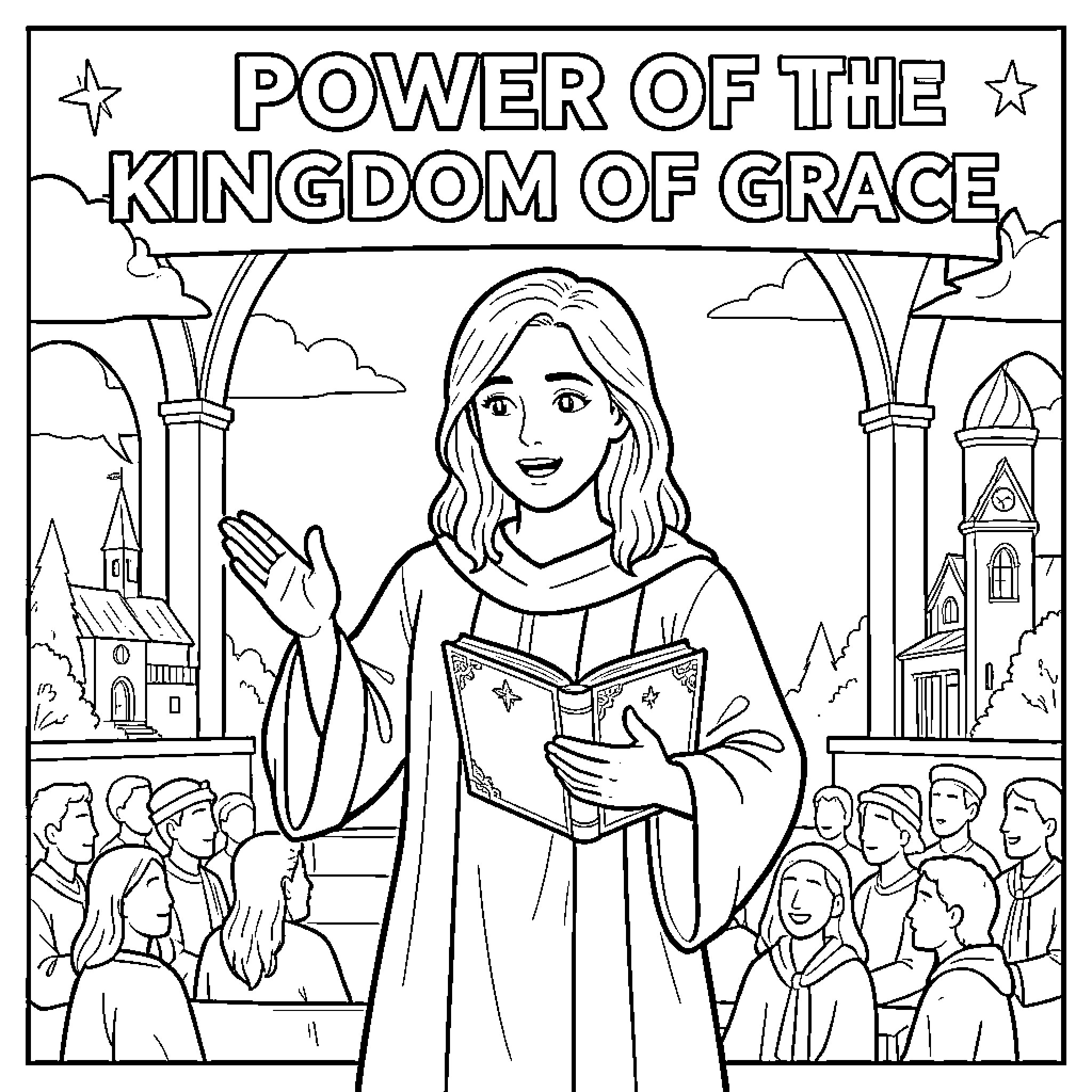 Kingdom leader presenting a book to an attentive crowd Coloring Page (free black-and-white line drawing printable PDF for all, from beginners to advanced learners, including children, teens, adults, and seniors)