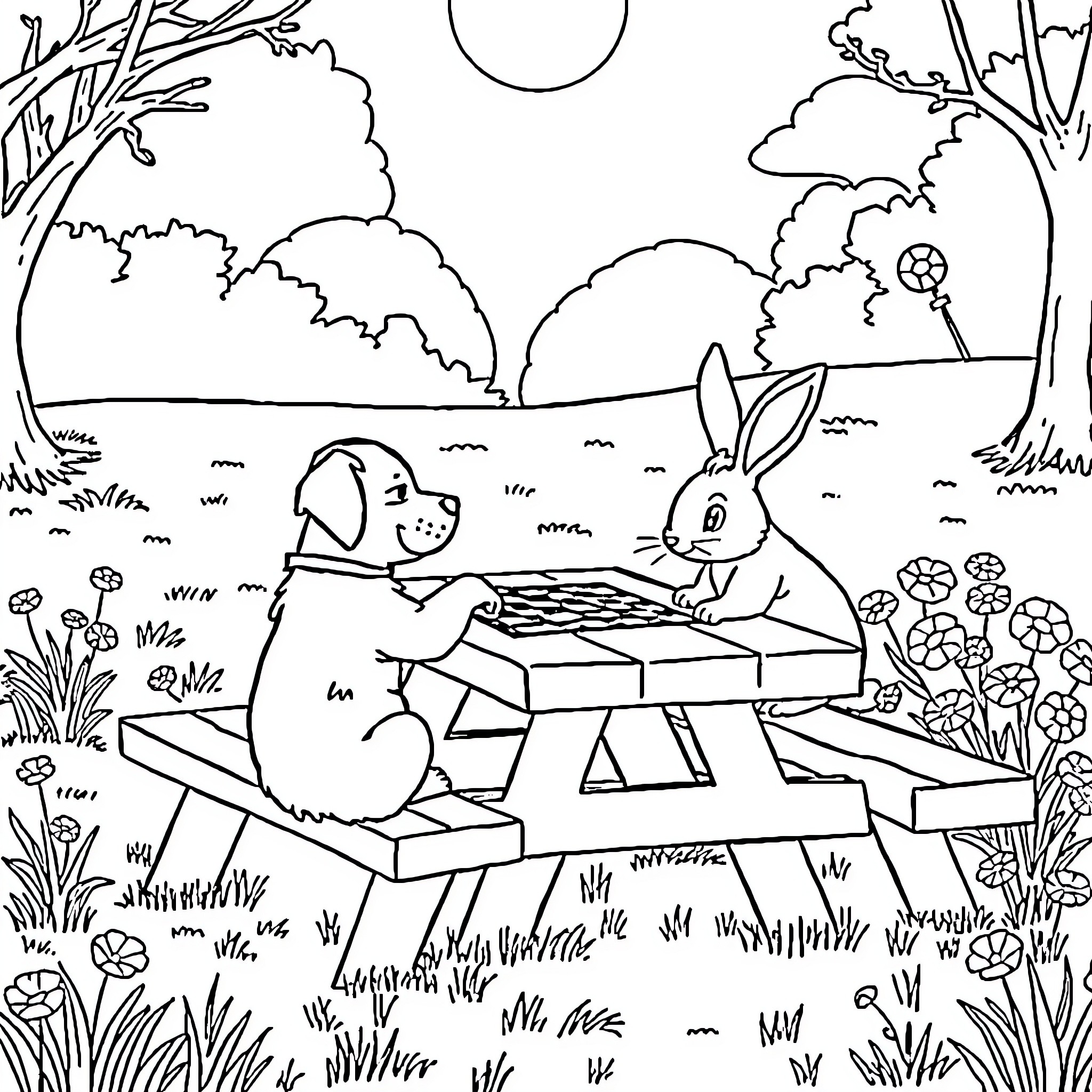 Dog playing on picnic table in scenic park Coloring Page (free black-and-white line drawing printable PDF for all, from beginners to advanced learners, including children, teens, adults, and seniors)