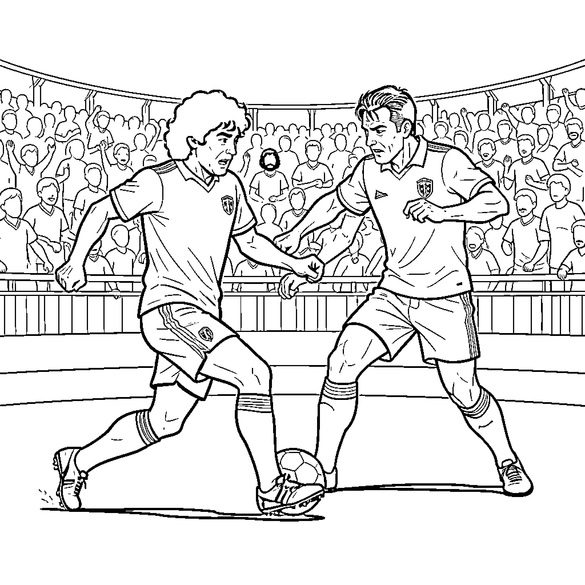 Maradona dribbling a soccer ball past a defender Coloring Page (free black-and-white line drawing printable PDF for all, from beginners to advanced learners, including children, teens, adults, and seniors)