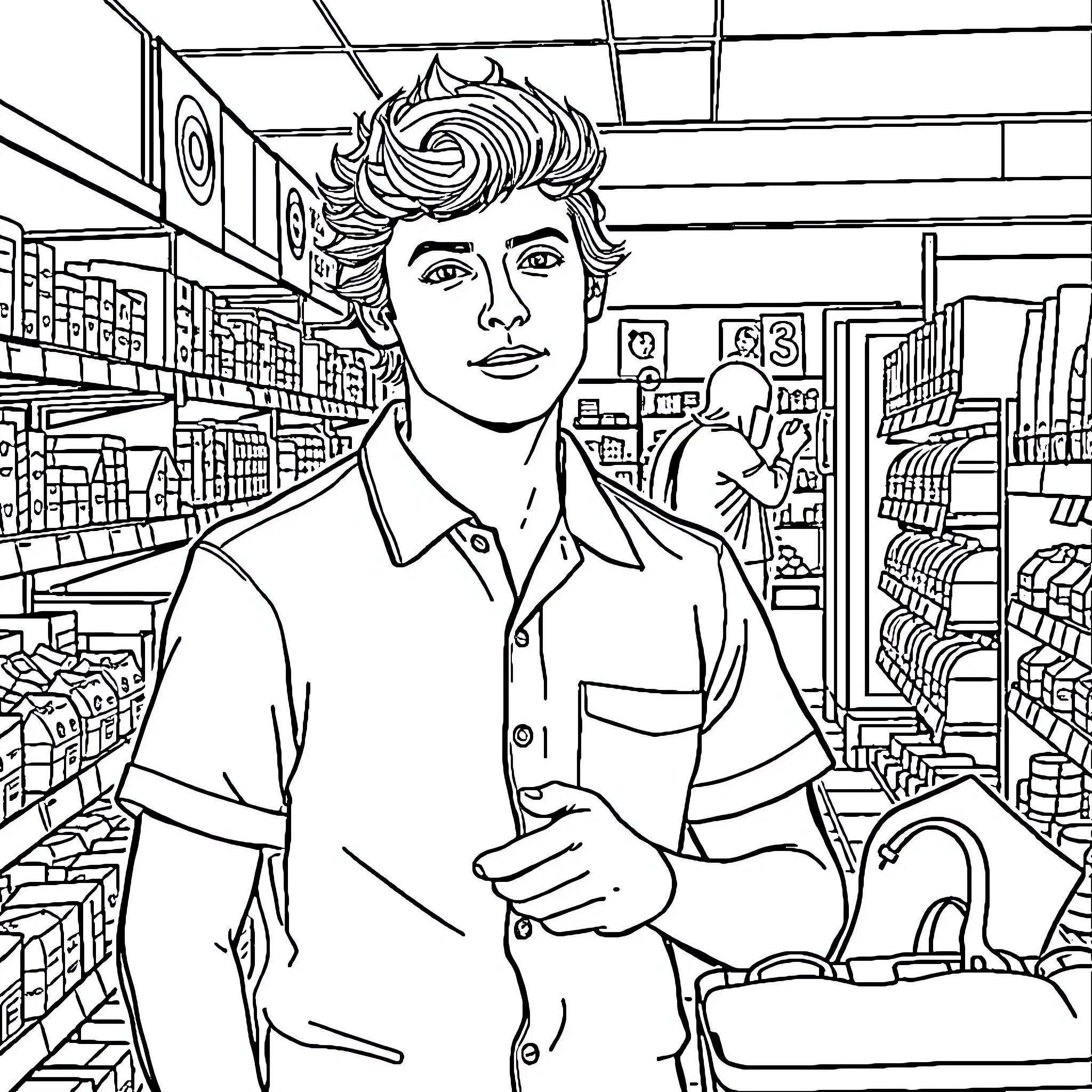 Harry Styles browsing at the local grocery store Coloring Page (free black-and-white line drawing printable PDF for all, from beginners to advanced learners, including children, teens, adults, and seniors)