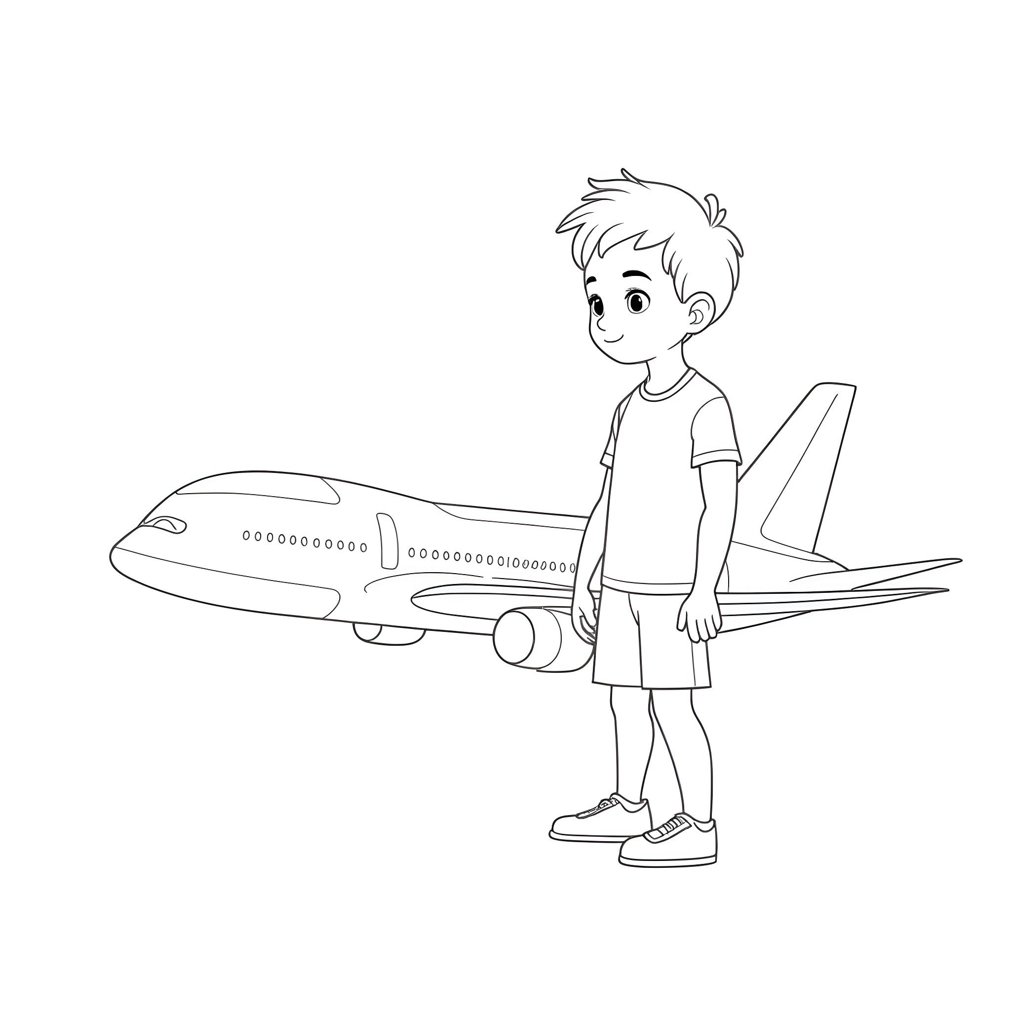 Boy excited to board airplane Coloring Page (free black-and-white line drawing printable PDF for all, from beginners to advanced learners, including children, teens, adults, and seniors)