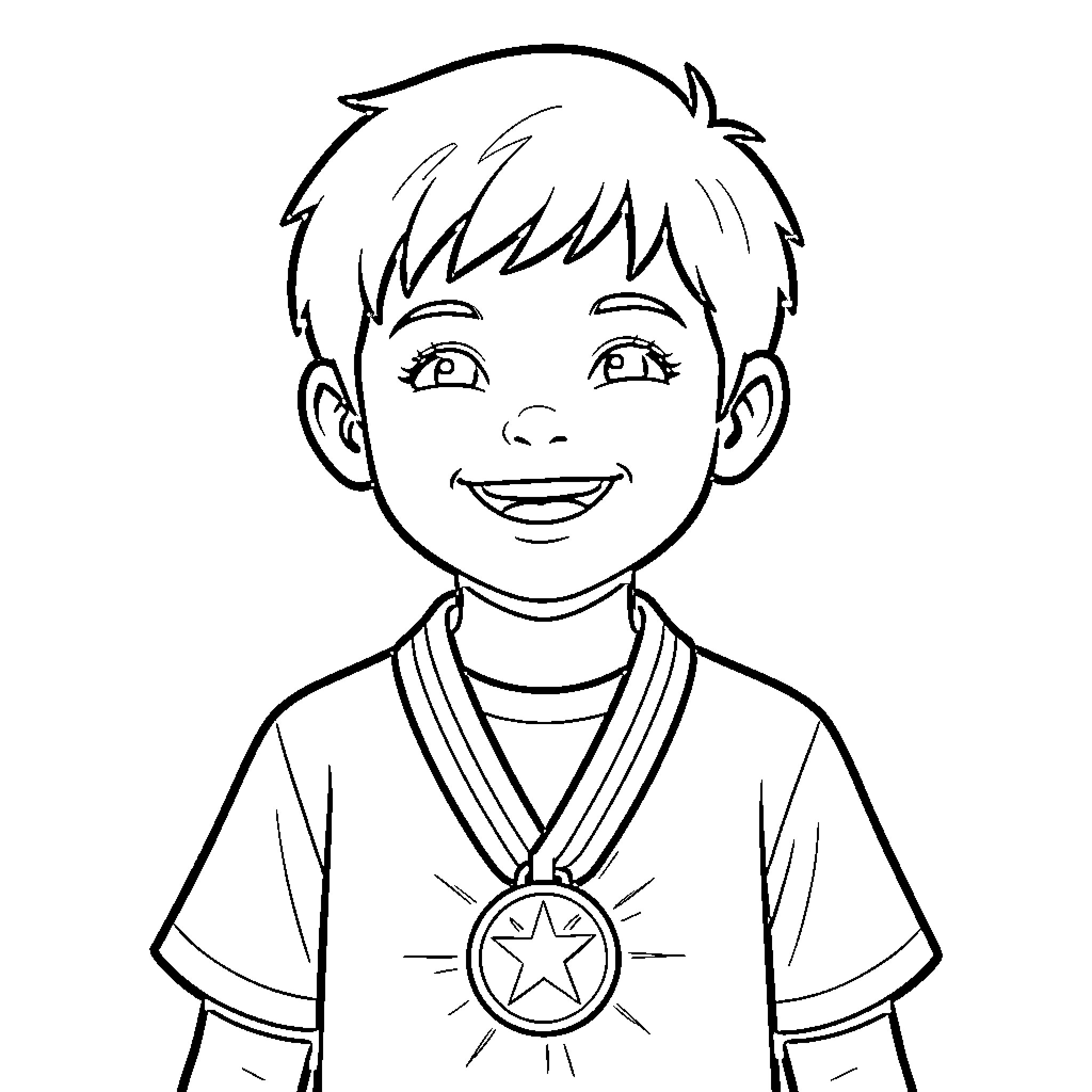 Niño wearing martial arts uniform with medal Coloring Page (free black-and-white line drawing printable PDF for all, from beginners to advanced learners, including children, teens, adults, and seniors)