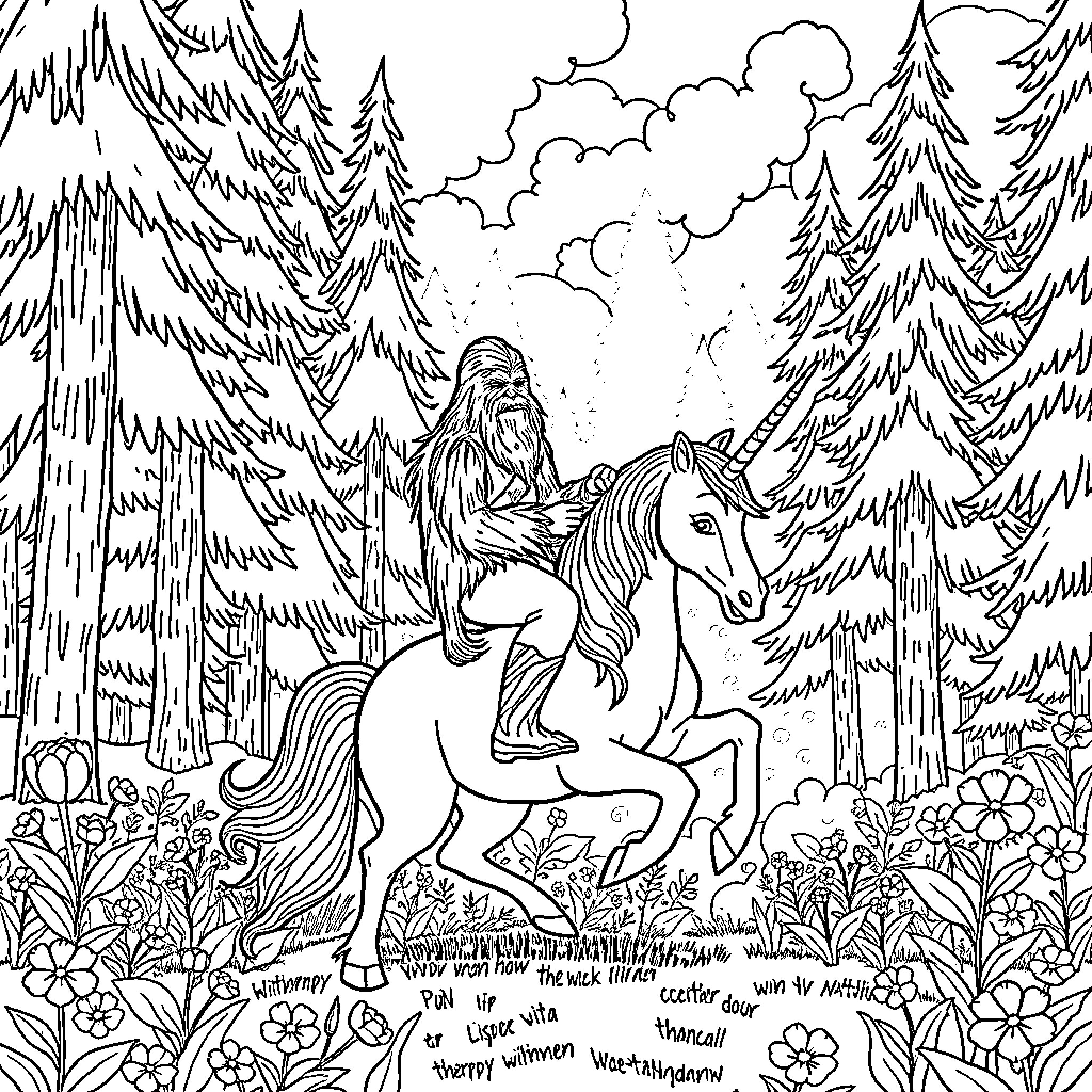 Chewbacca riding a majestic unicorn through a magical forest Coloring Page (free black-and-white line drawing printable PDF for all, from beginners to advanced learners, including children, teens, adults, and seniors)