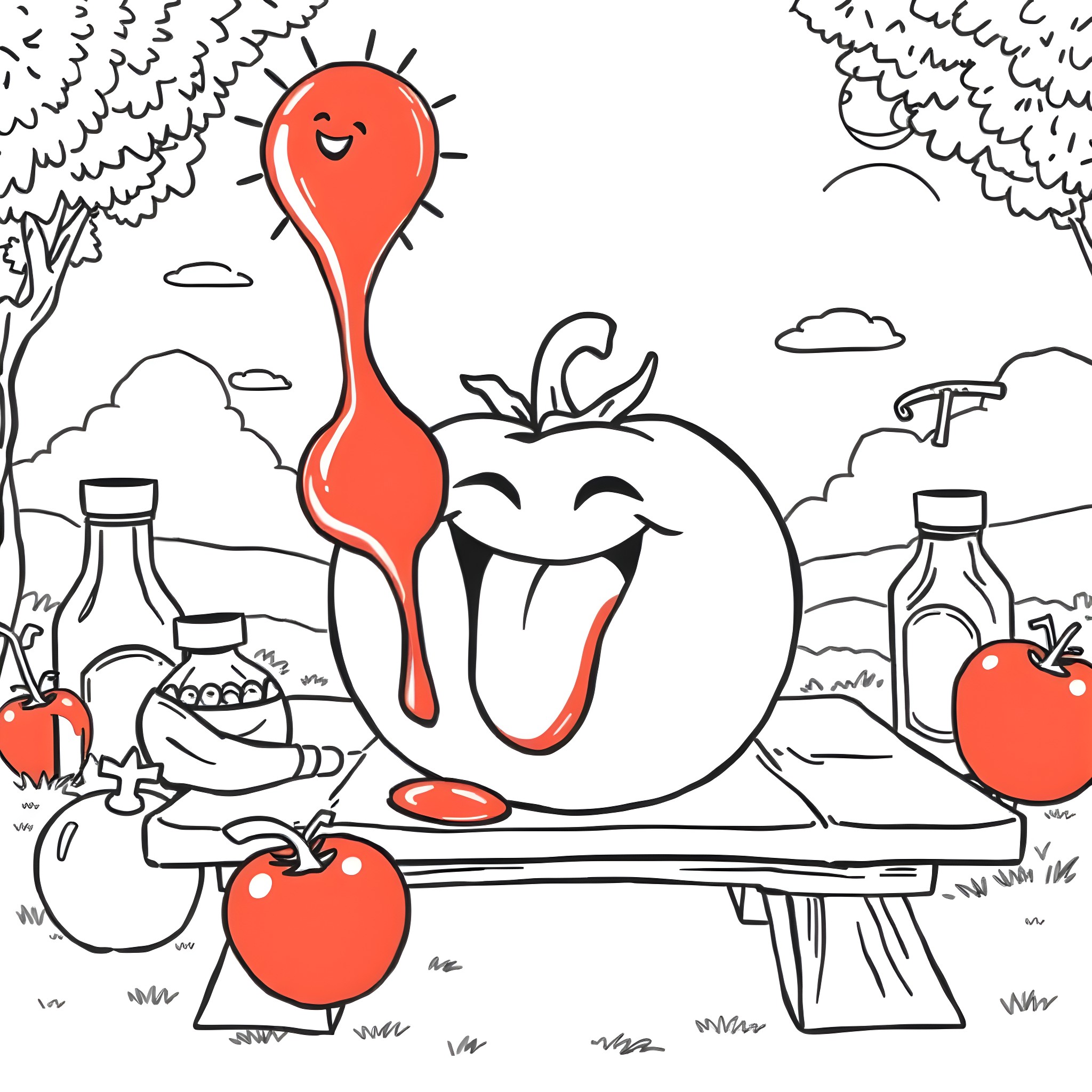 Tomato Enjoying Culinary Adventure in the Kitchen Coloring Page (free black-and-white line drawing printable PDF for all, from beginners to advanced learners, including children, teens, adults, and seniors)