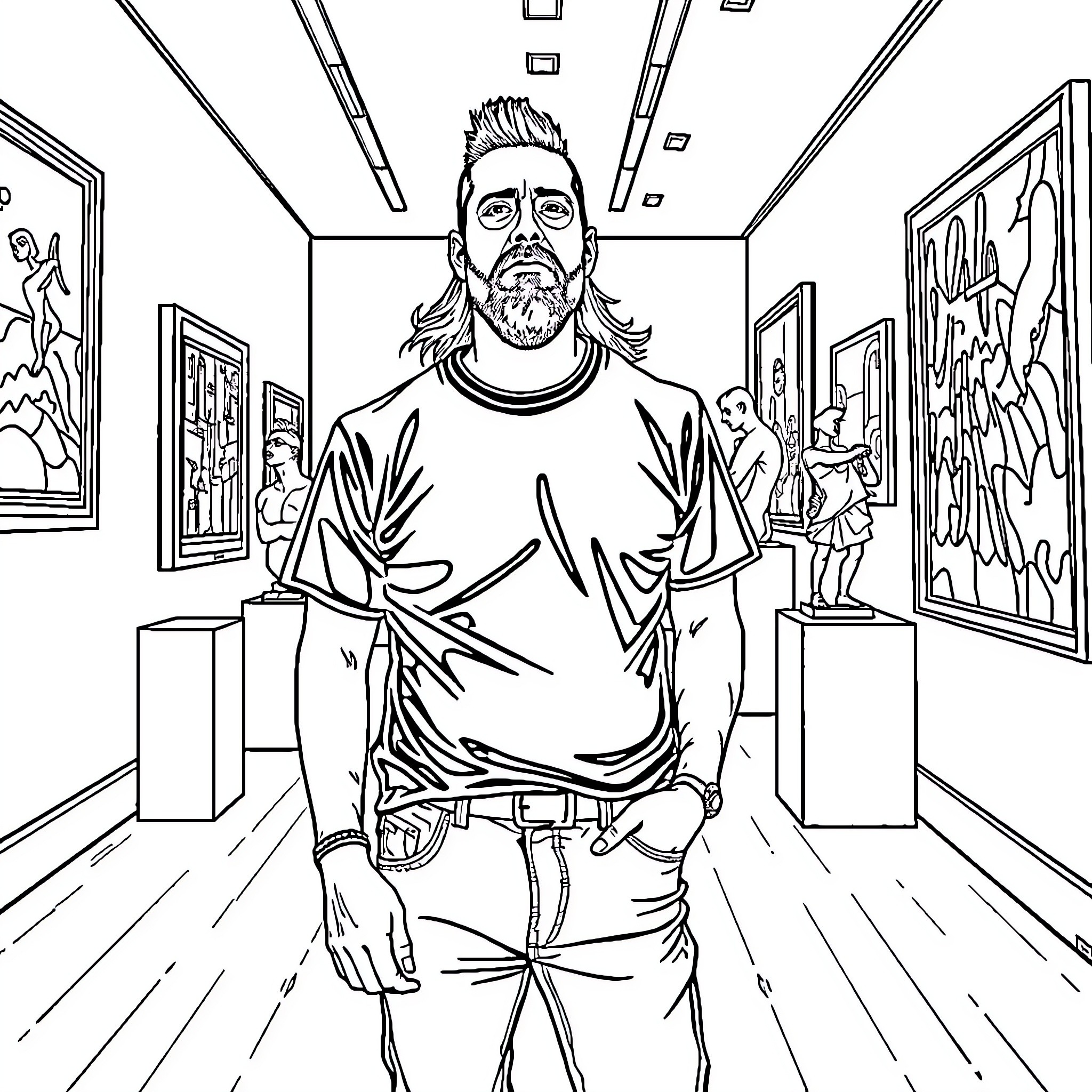 Dave Grohl Posing Confidently in Art Gallery Coloring Page (free black-and-white line drawing printable PDF for all, from beginners to advanced learners, including children, teens, adults, and seniors)