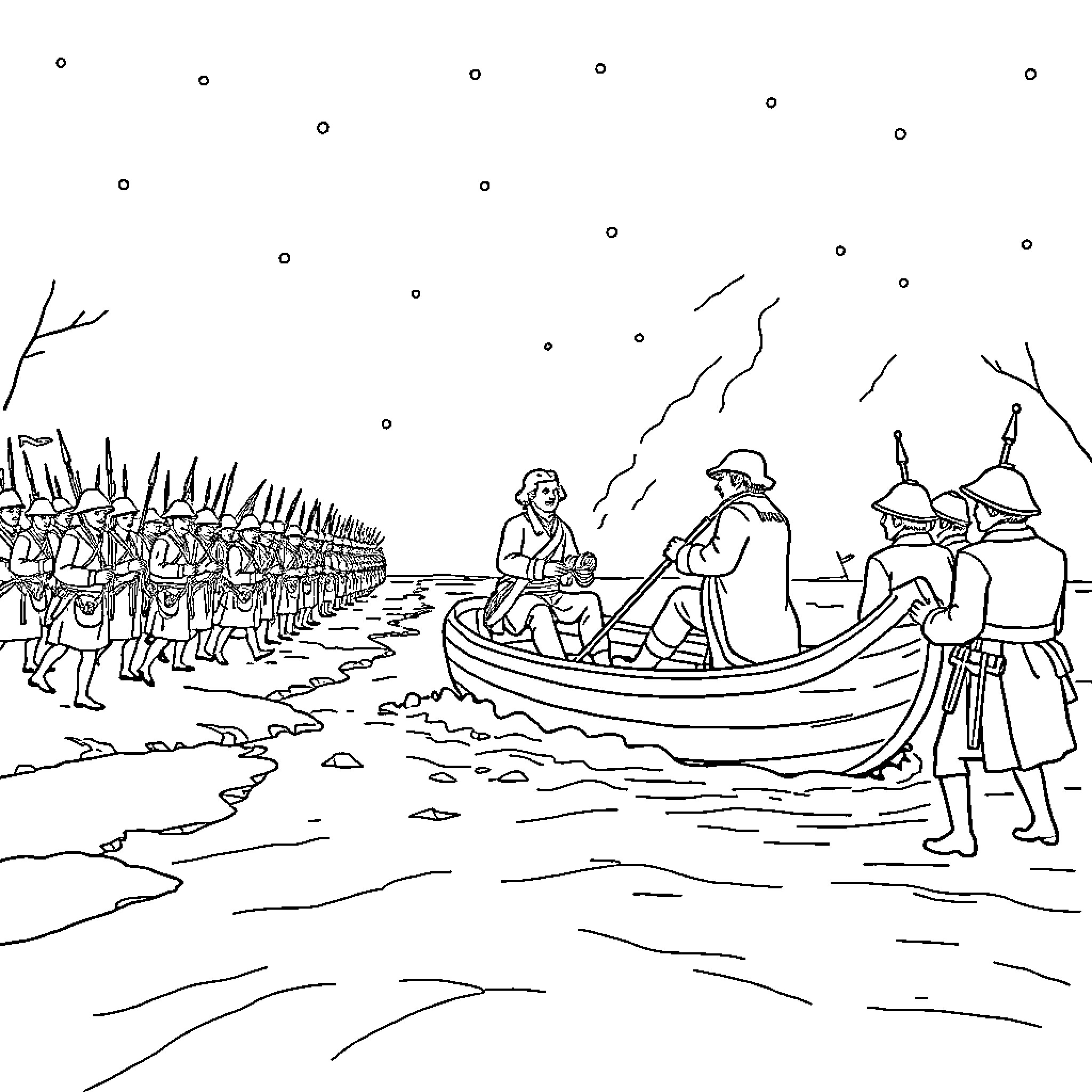 Washington's Soldiers Crossing the River Coloring Page (free black-and-white line drawing printable PDF for all, from beginners to advanced learners, including children, teens, adults, and seniors)
