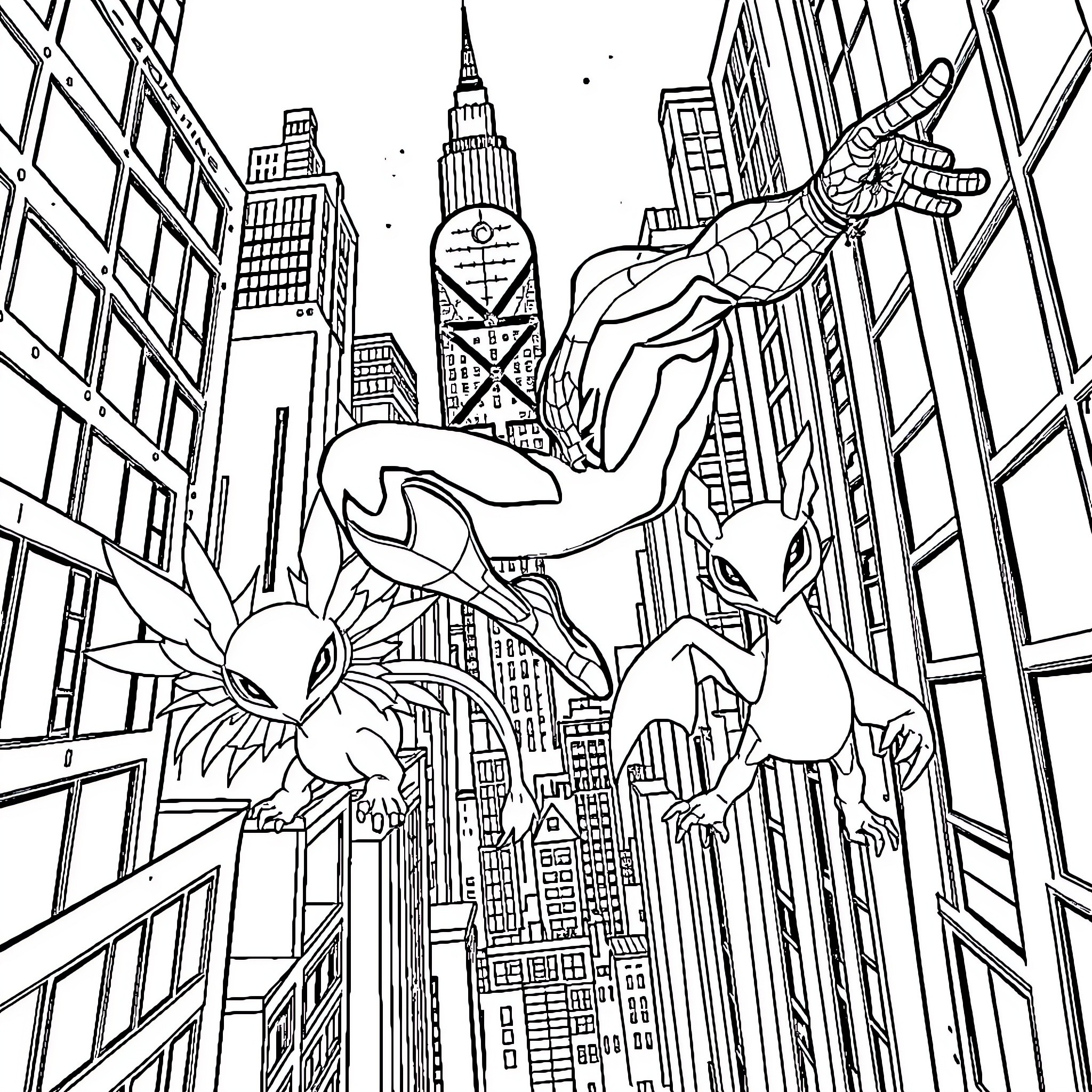 Spiderman swinging through the city skyline Coloring Page (free black-and-white line drawing printable PDF for all, from beginners to advanced learners, including children, teens, adults, and seniors)