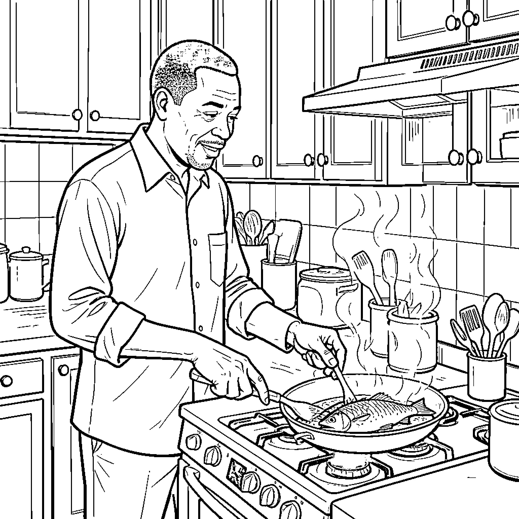 William Ruto cooking a meal in the kitchen Coloring Page (free black-and-white line drawing printable PDF for all, from beginners to advanced learners, including children, teens, adults, and seniors)