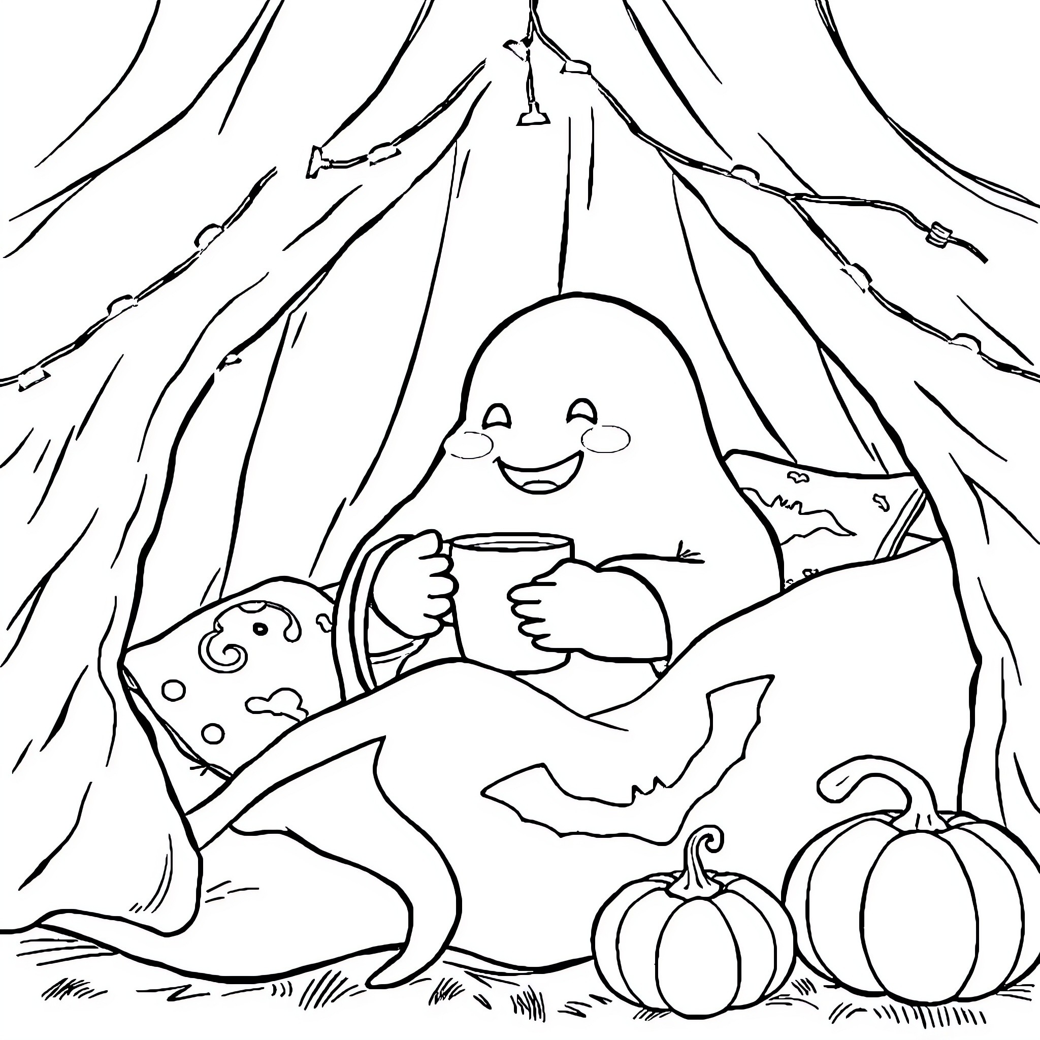 Ghost enjoying cozy campfire with pumpkins Coloring Page (free black-and-white line drawing printable PDF for all, from beginners to advanced learners, including children, teens, adults, and seniors)