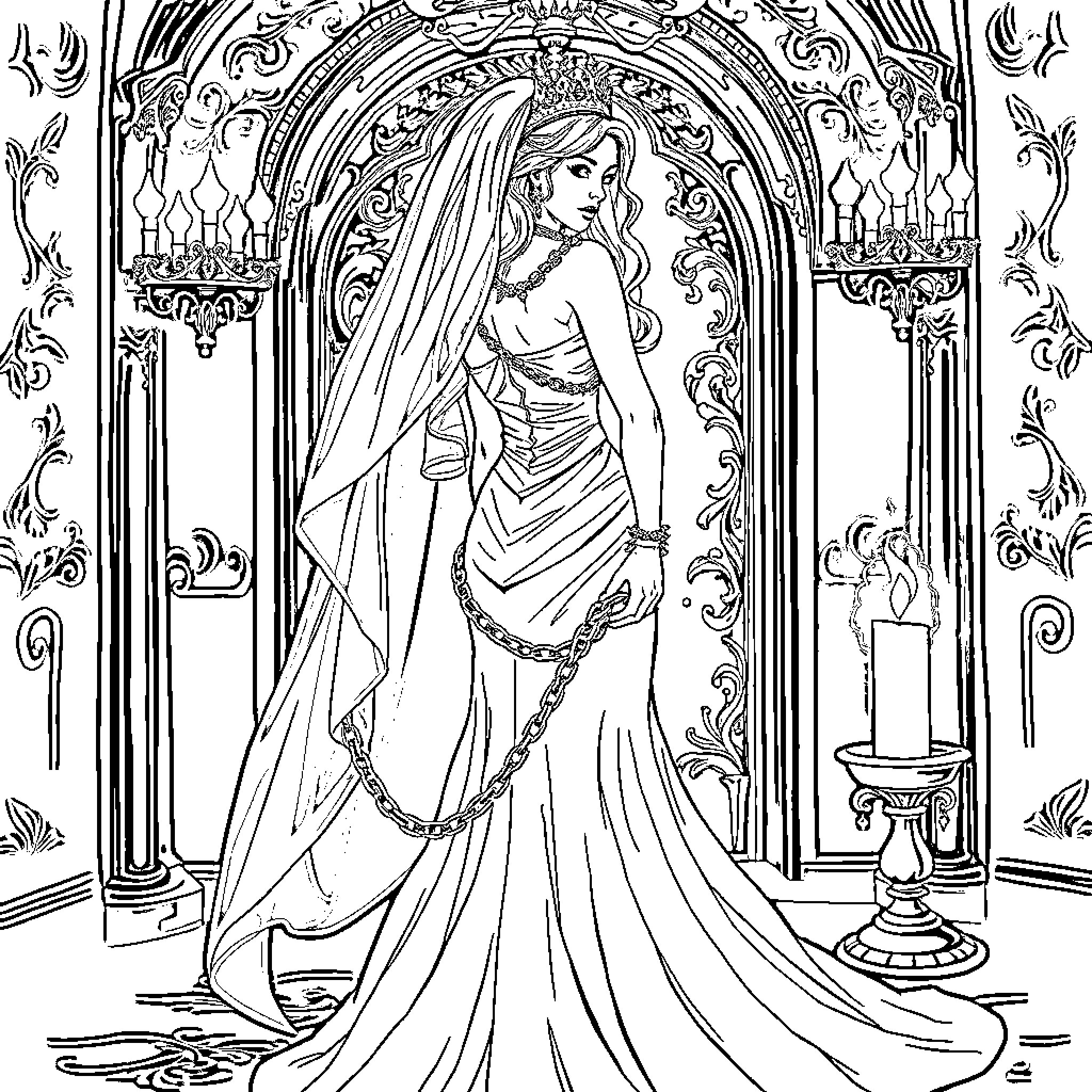 Bride in Elegant Gown with Ornate Architectural Backdrop Coloring Page (free black-and-white line drawing printable PDF for all, from beginners to advanced learners, including children, teens, adults, and seniors)