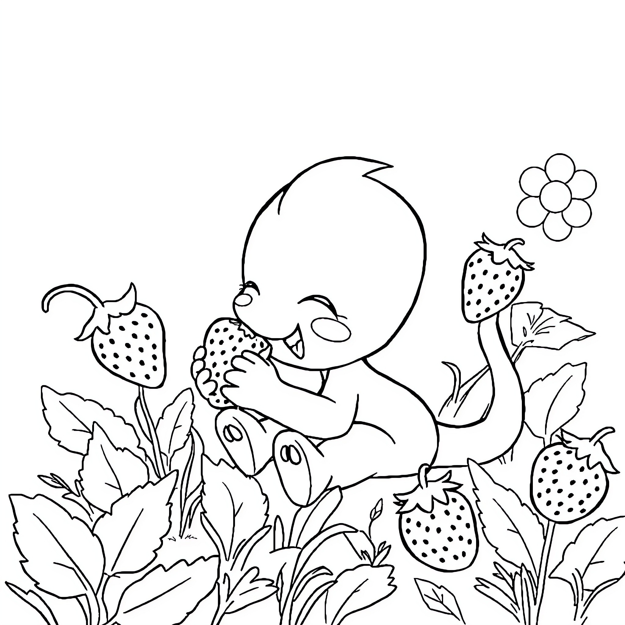 Switch playing in a strawberry patch Coloring Page (free black-and-white line drawing printable PDF for all, from beginners to advanced learners, including children, teens, adults, and seniors)