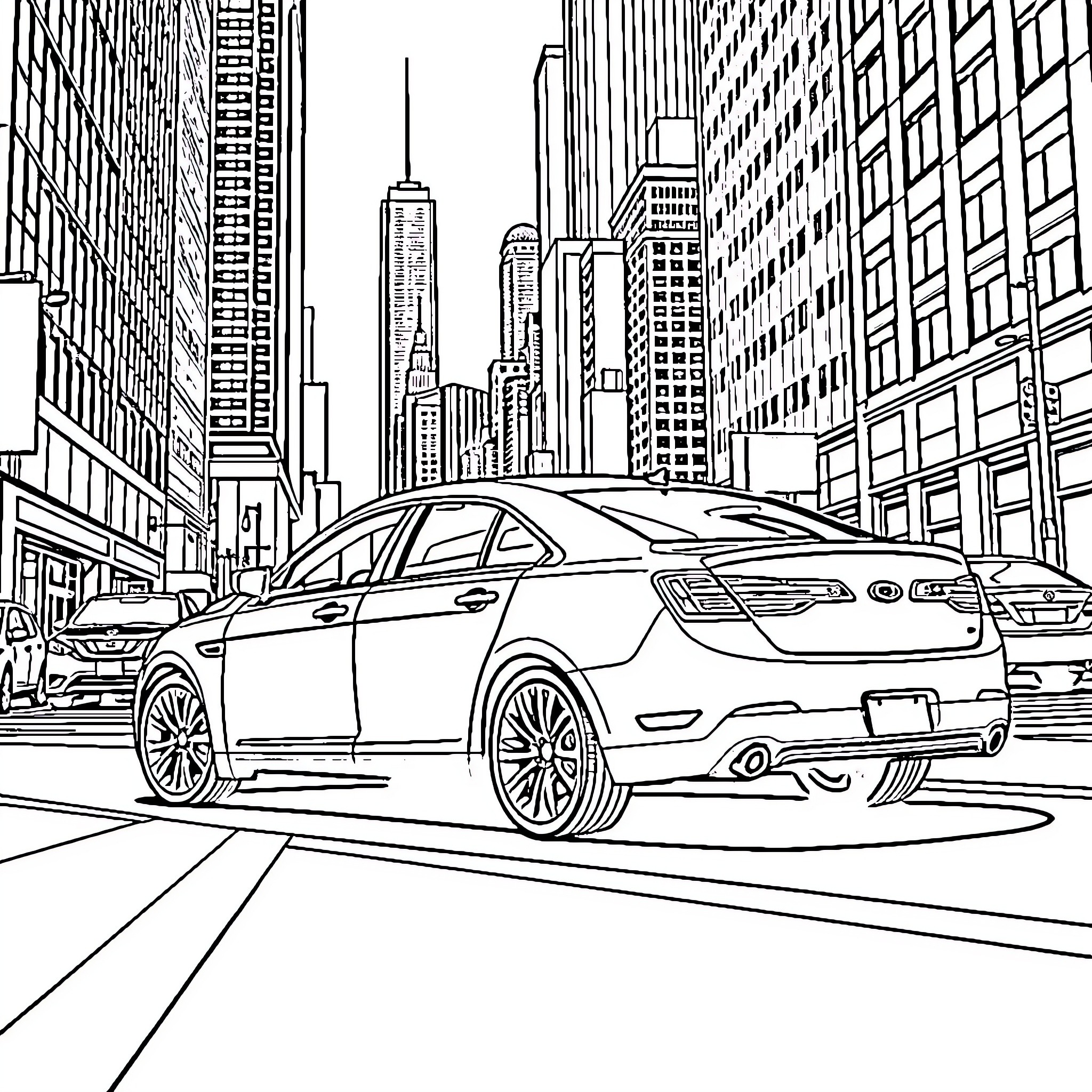 Taurus car in the bustling city Coloring Page (free black-and-white line drawing printable PDF for all, from beginners to advanced learners, including children, teens, adults, and seniors)