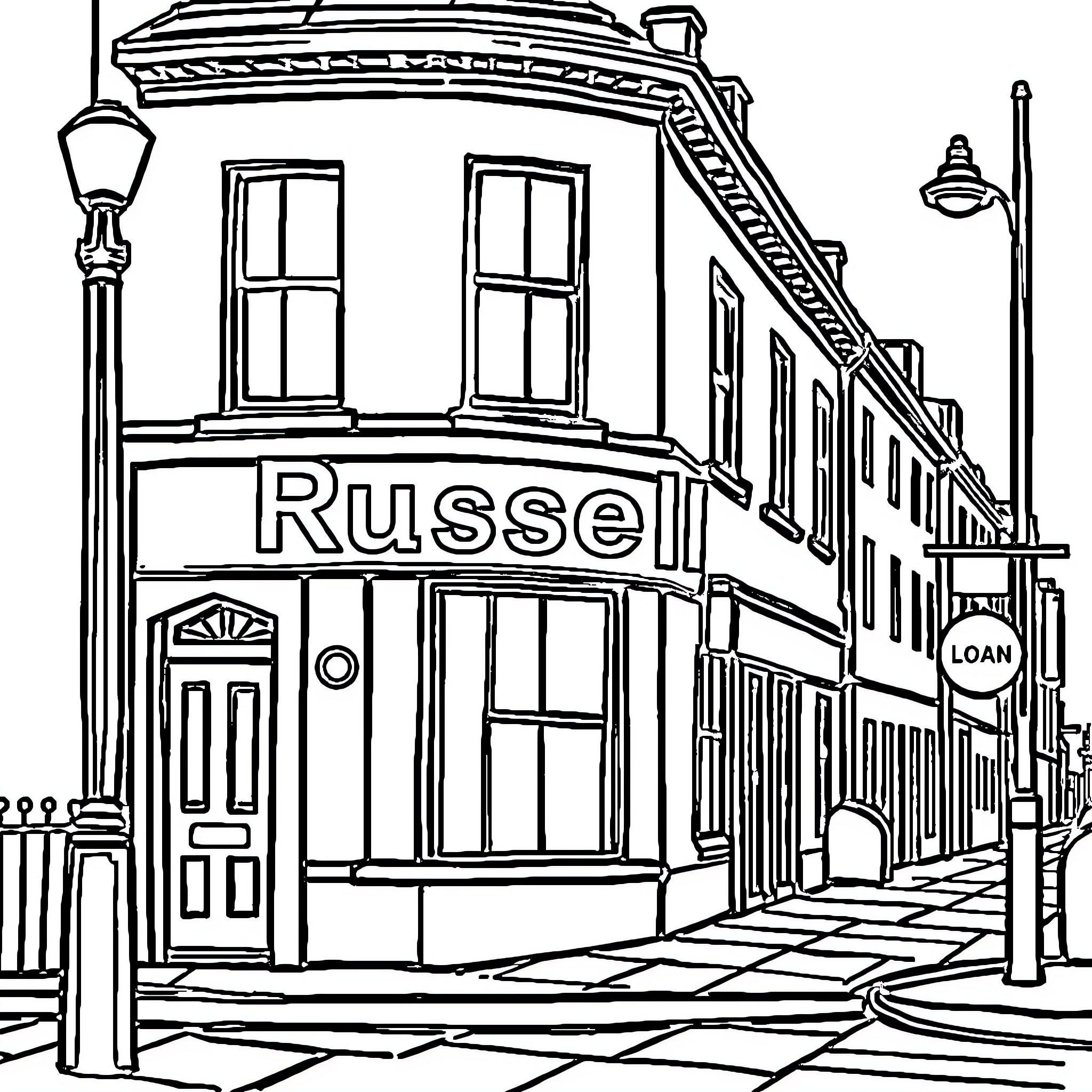 Street scene with Russell building and storefronts Coloring Page (free black-and-white line drawing printable PDF for all, from beginners to advanced learners, including children, teens, adults, and seniors)