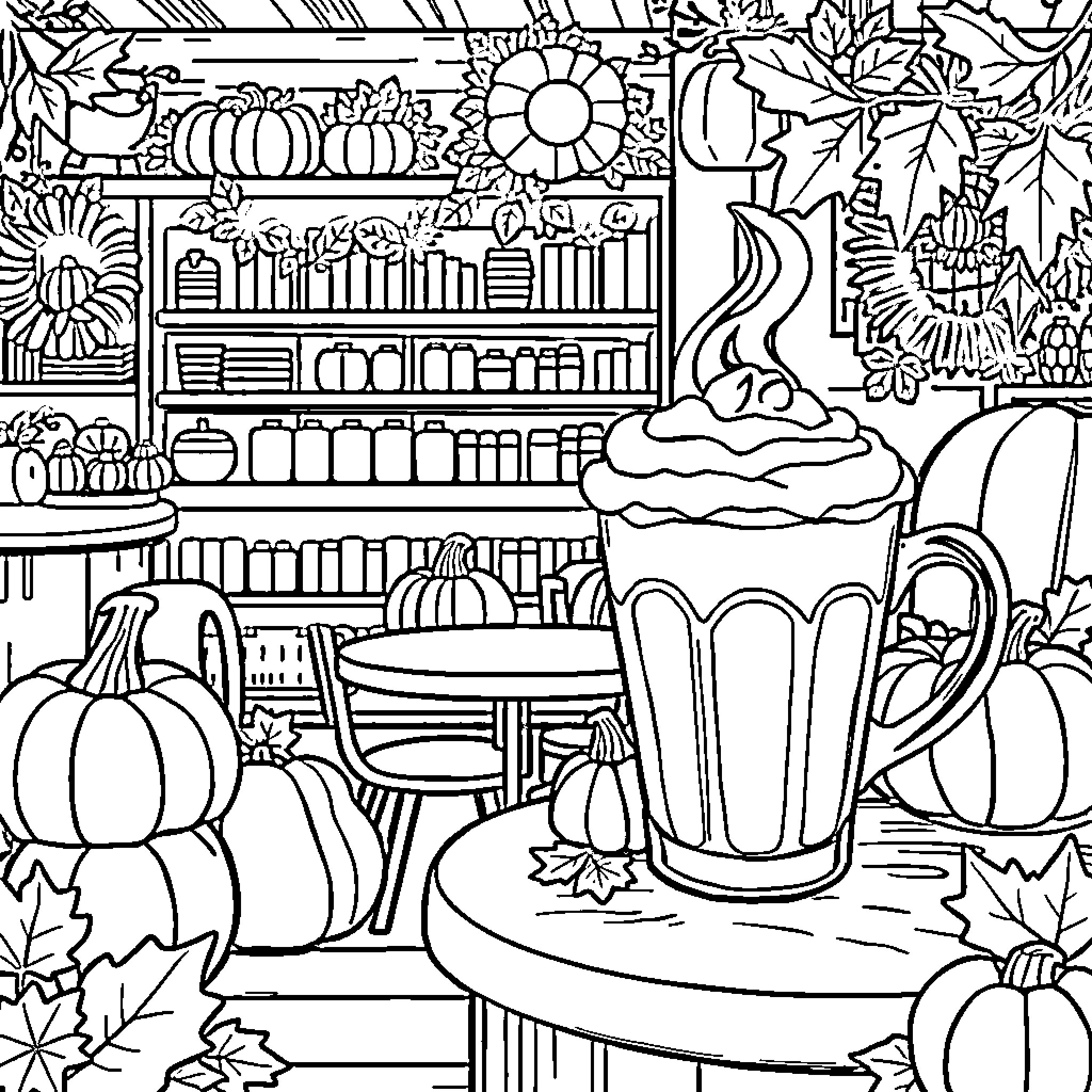Pumpkin Treats and Cozy Autumn Atmosphere Coloring Page (free black-and-white line drawing printable PDF for all, from beginners to advanced learners, including children, teens, adults, and seniors)