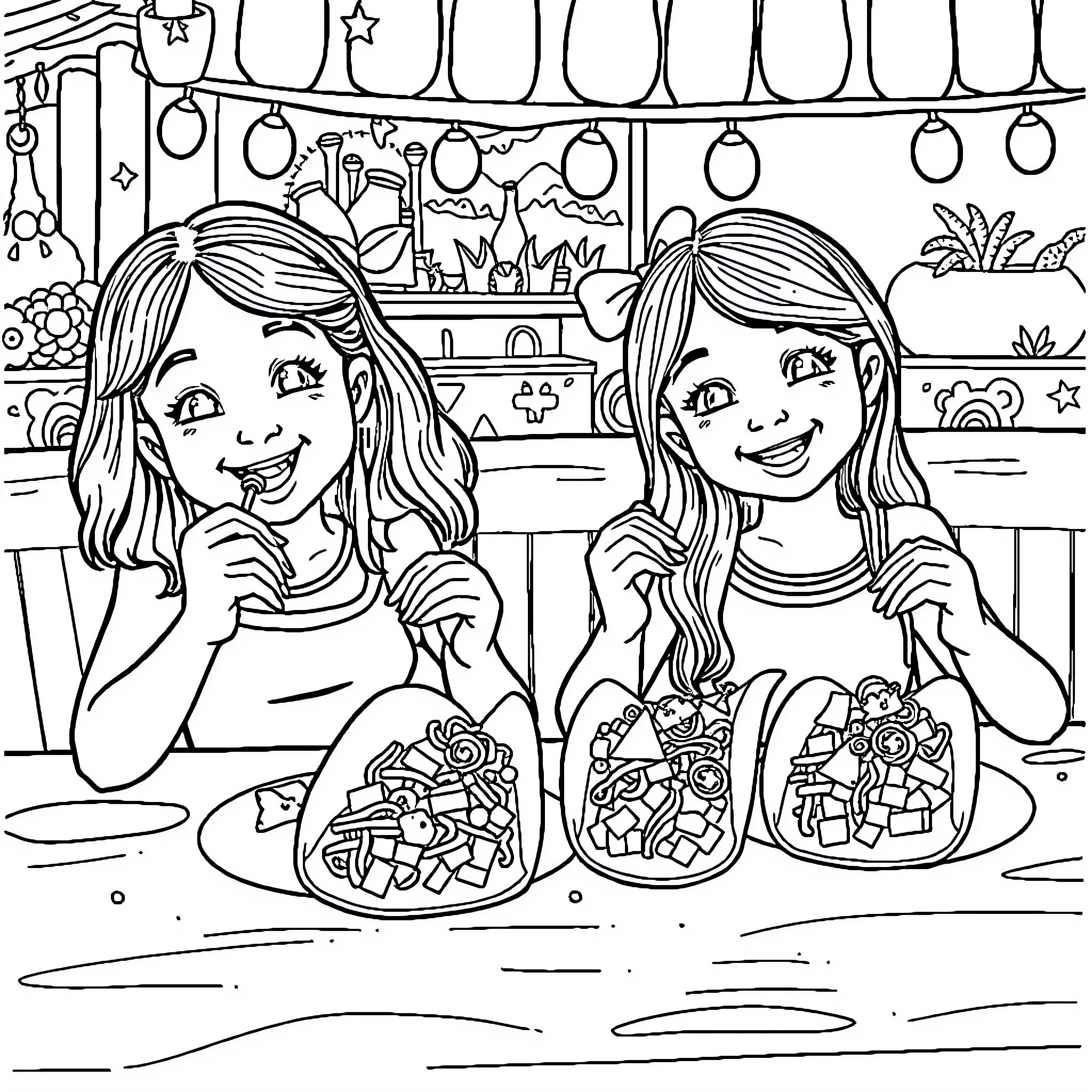Girls Enjoying Treats in Cozy Kitchen Coloring Page (free black-and-white line drawing printable PDF for all, from beginners to advanced learners, including children, teens, adults, and seniors)
