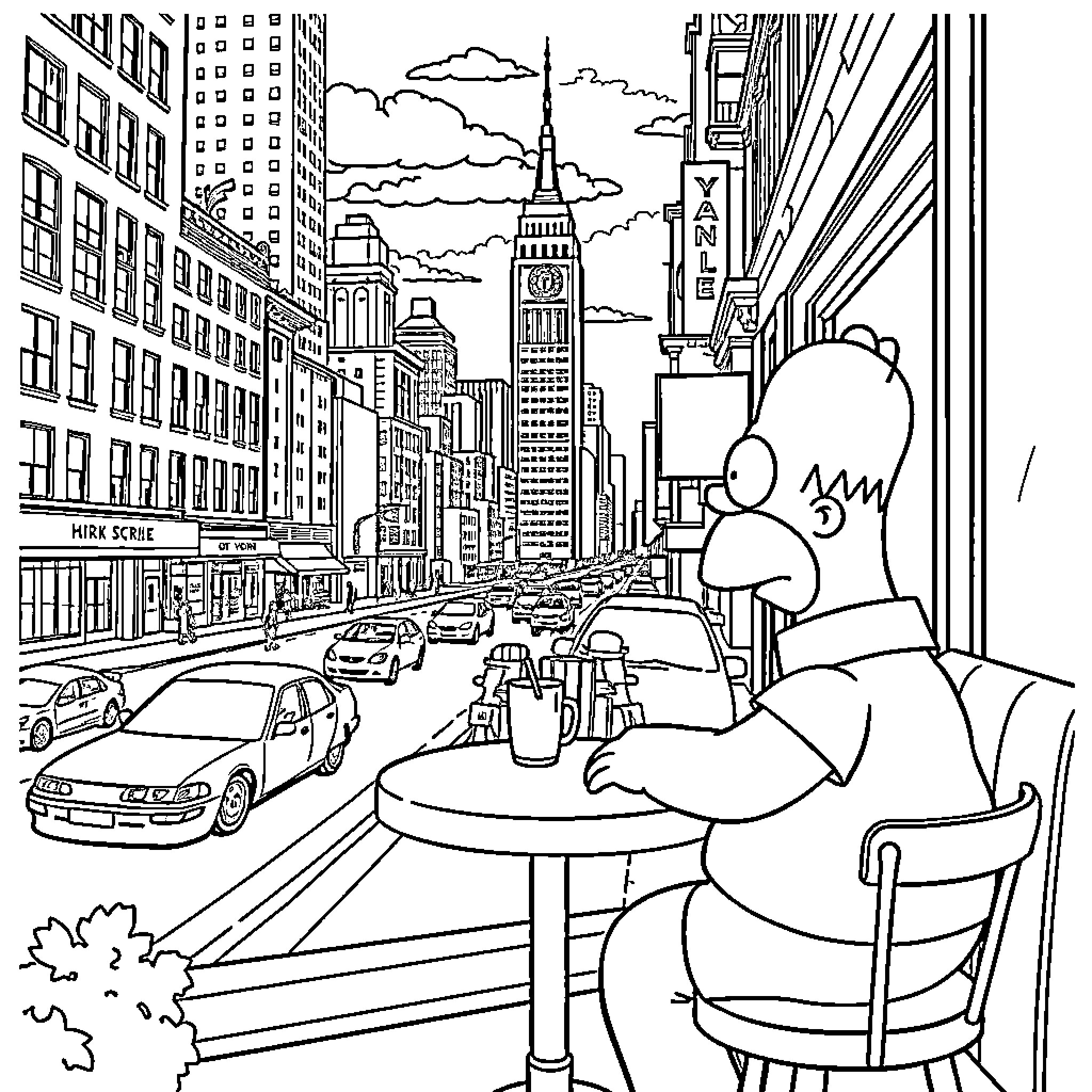 Homer Simpson enjoying a coffee in the bustling city Coloring Page (free black-and-white line drawing printable PDF for all, from beginners to advanced learners, including children, teens, adults, and seniors)