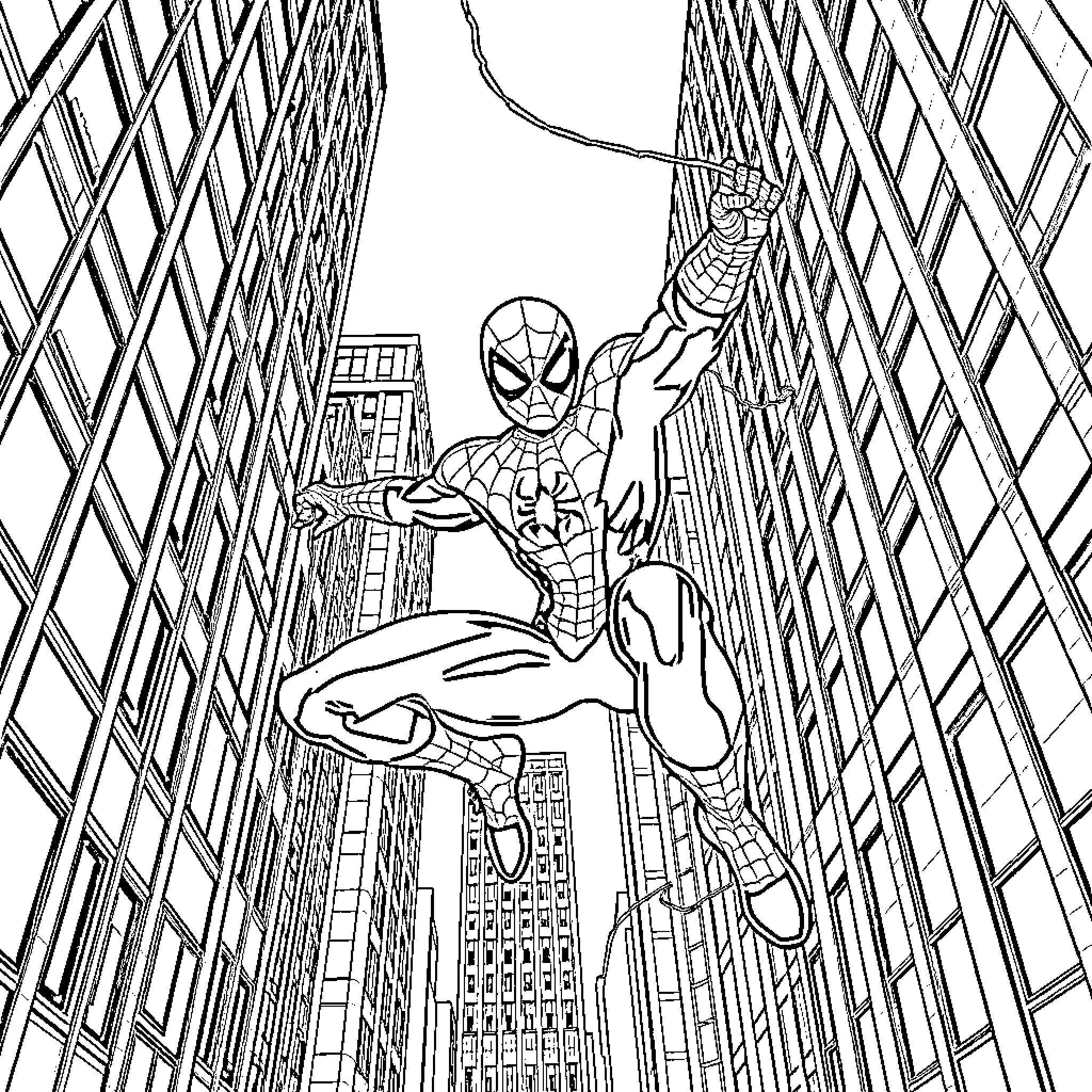 Spiderman swinging through the city skyscrapers Coloring Page (free black-and-white line drawing printable PDF for all, from beginners to advanced learners, including children, teens, adults, and seniors)