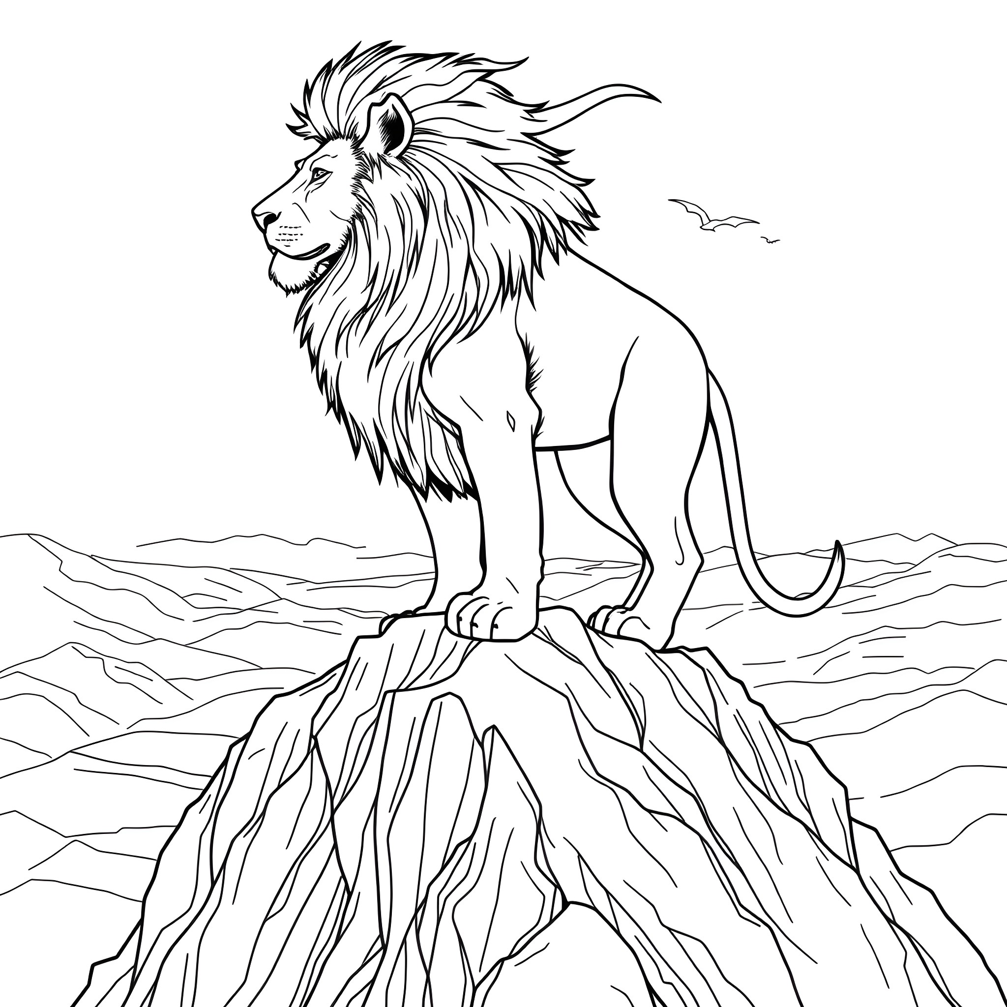 Lion standing tall on a rocky cliff Coloring Page (free black-and-white line drawing printable PDF for all, from beginners to advanced learners, including children, teens, adults, and seniors)