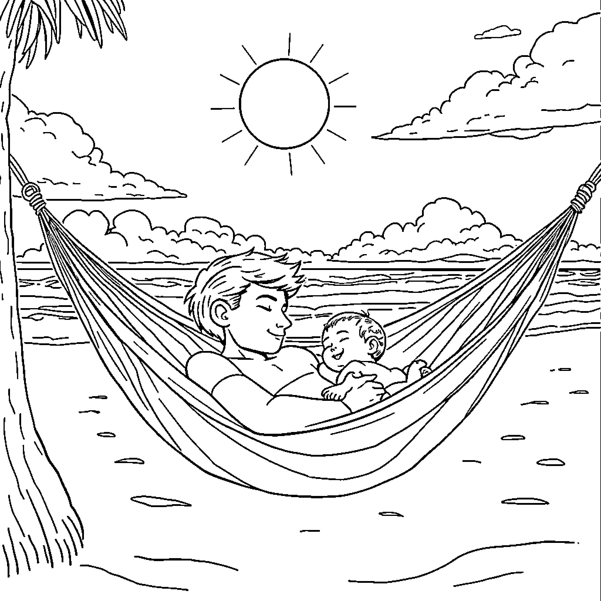 Daddy relaxing in hammock with child on beach Coloring Page (free black-and-white line drawing printable PDF for all, from beginners to advanced learners, including children, teens, adults, and seniors)