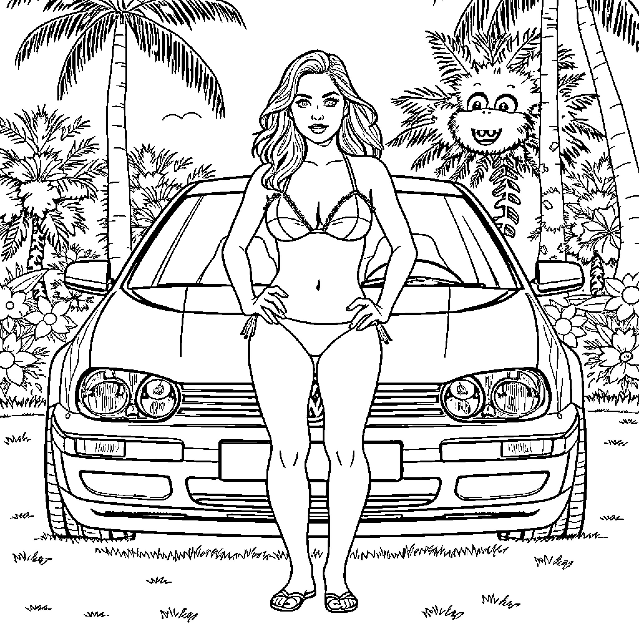 Woman posing confidently in front of car on beach Coloring Page (free black-and-white line drawing printable PDF for all, from beginners to advanced learners, including children, teens, adults, and seniors)