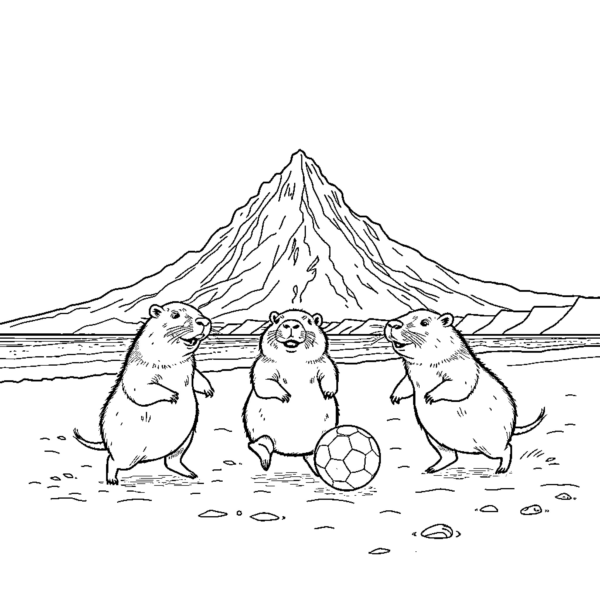 Capybara friends playing with a soccer ball near mountains Coloring Page (free black-and-white line drawing printable PDF for all, from beginners to advanced learners, including children, teens, adults, and seniors)