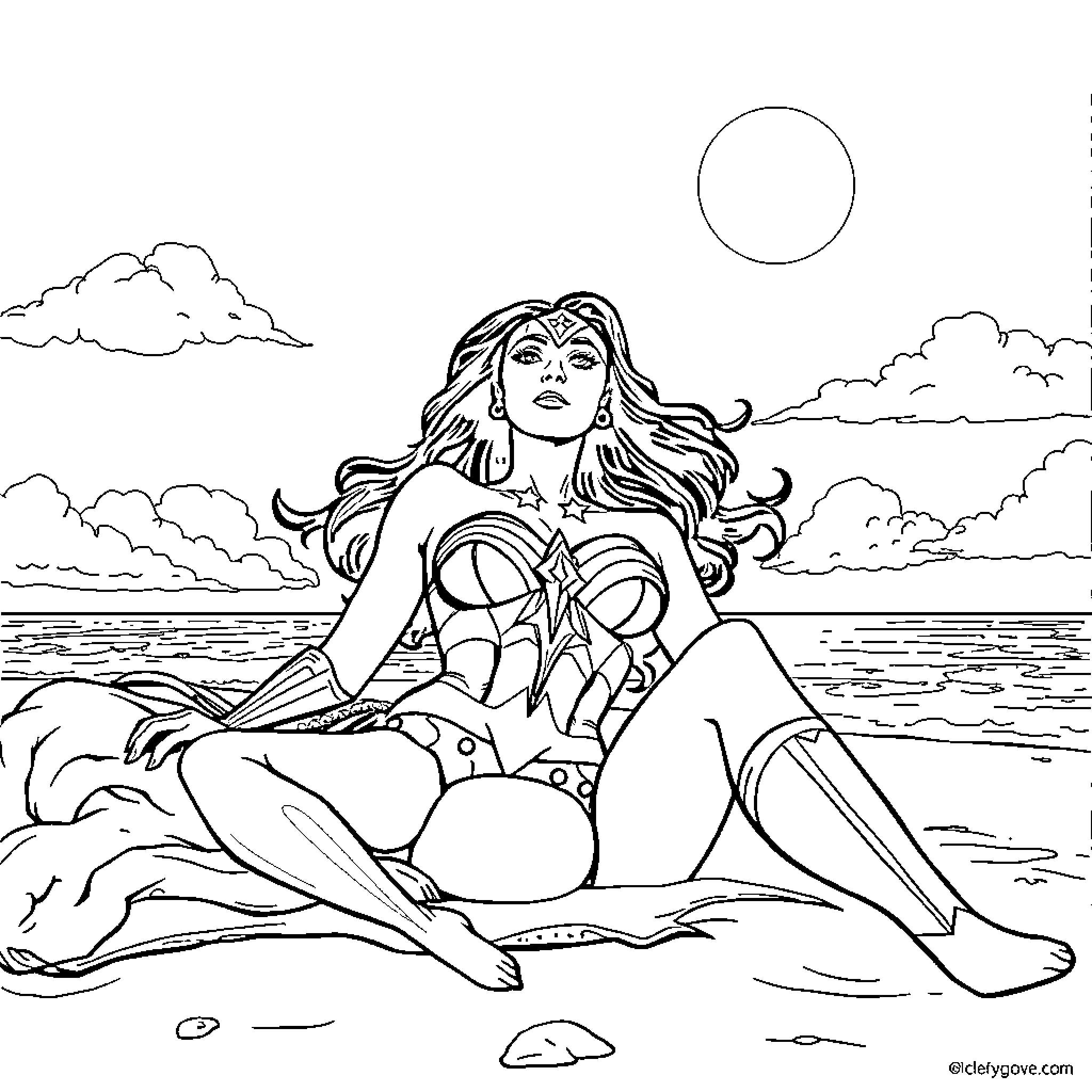 Wonder Woman relaxing on the beach Coloring Page (free black-and-white line drawing printable PDF for all, from beginners to advanced learners, including children, teens, adults, and seniors)