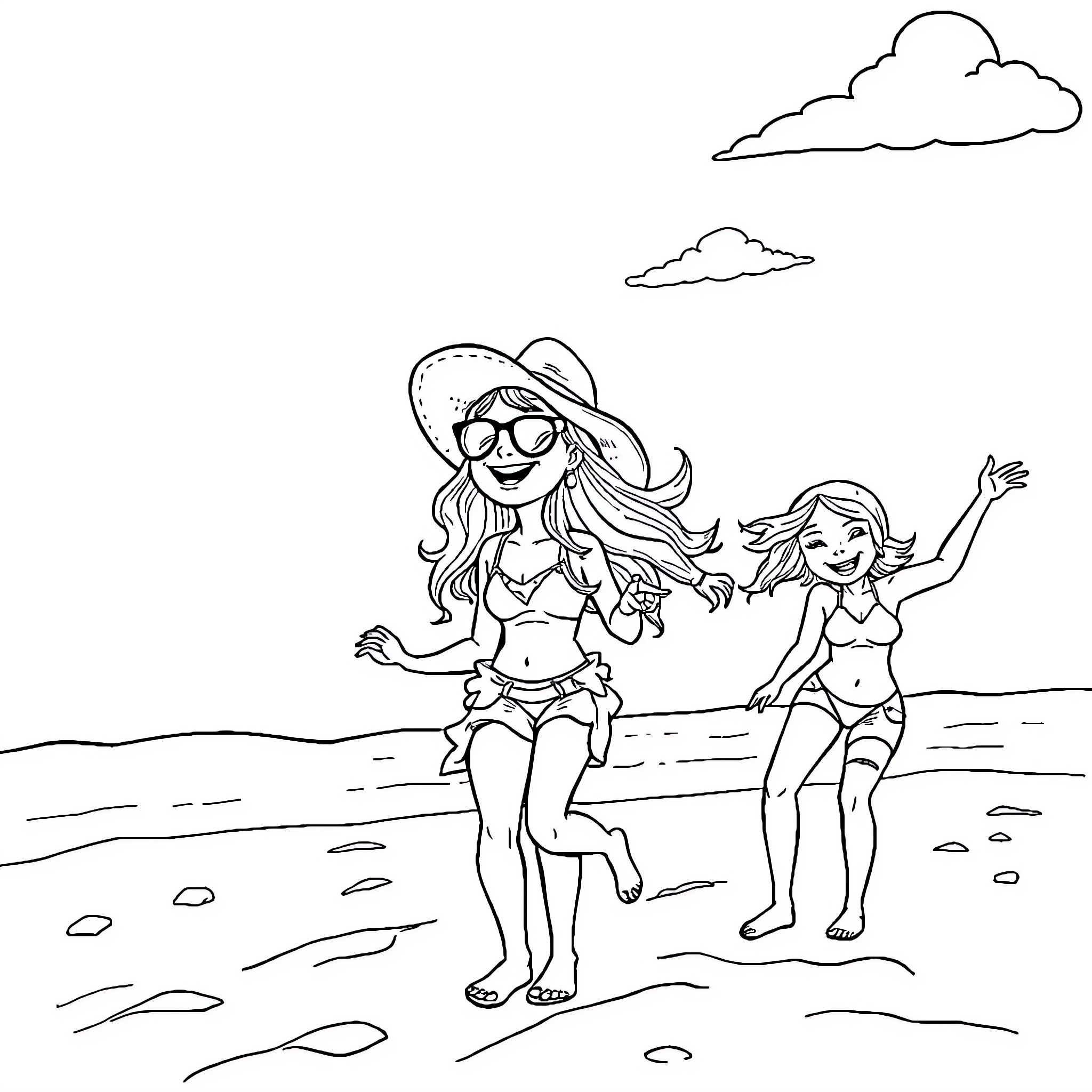 Beach Babe Bikini Babes Frolicking on Shore Coloring Page (free black-and-white line drawing printable PDF for all, from beginners to advanced learners, including children, teens, adults, and seniors)