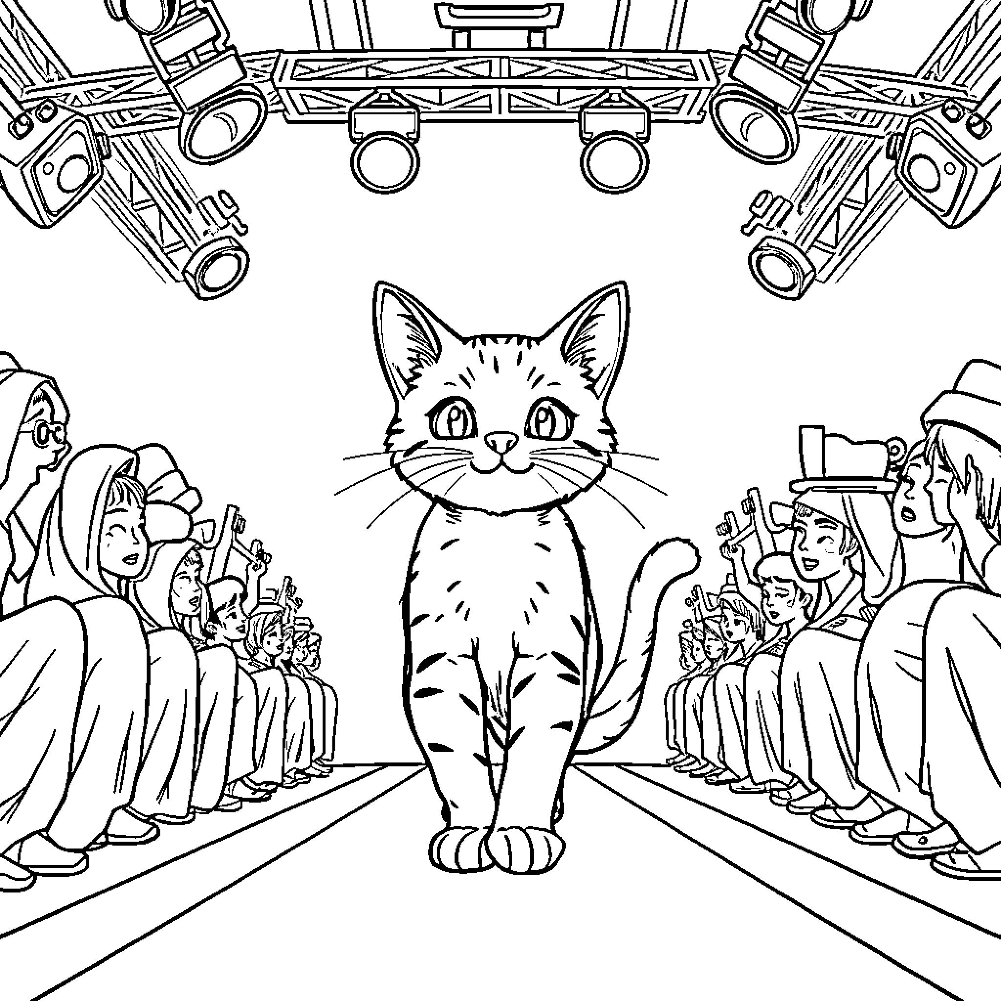 Cat on stage performing for crowd Coloring Page (free black-and-white line drawing printable PDF for all, from beginners to advanced learners, including children, teens, adults, and seniors)