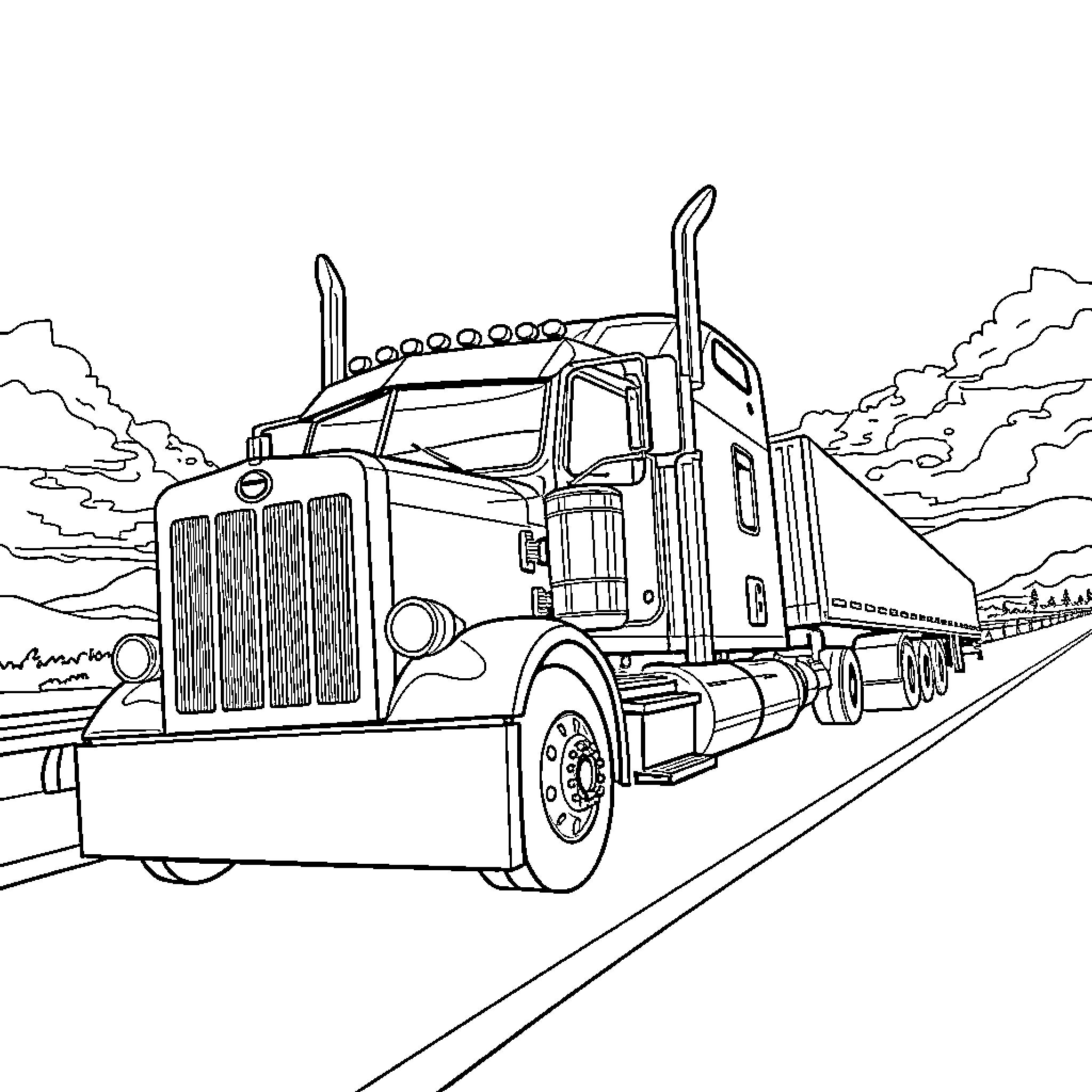 Truck transporting cargo on highway Coloring Page (free black-and-white line drawing printable PDF for all, from beginners to advanced learners, including children, teens, adults, and seniors)