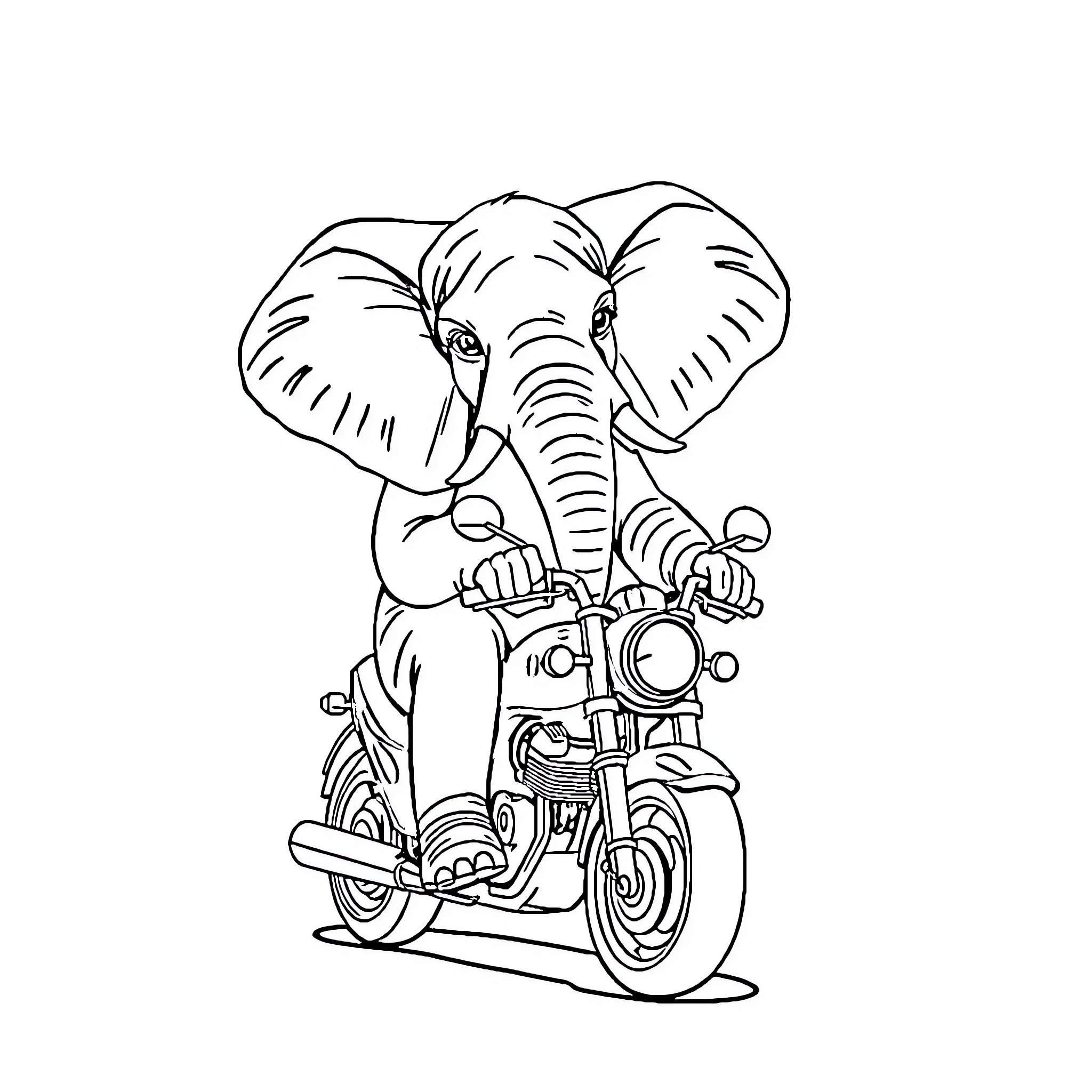 Elephant riding a motorcycle with enthusiasm Coloring Page (free black-and-white line drawing printable PDF for all, from beginners to advanced learners, including children, teens, adults, and seniors)