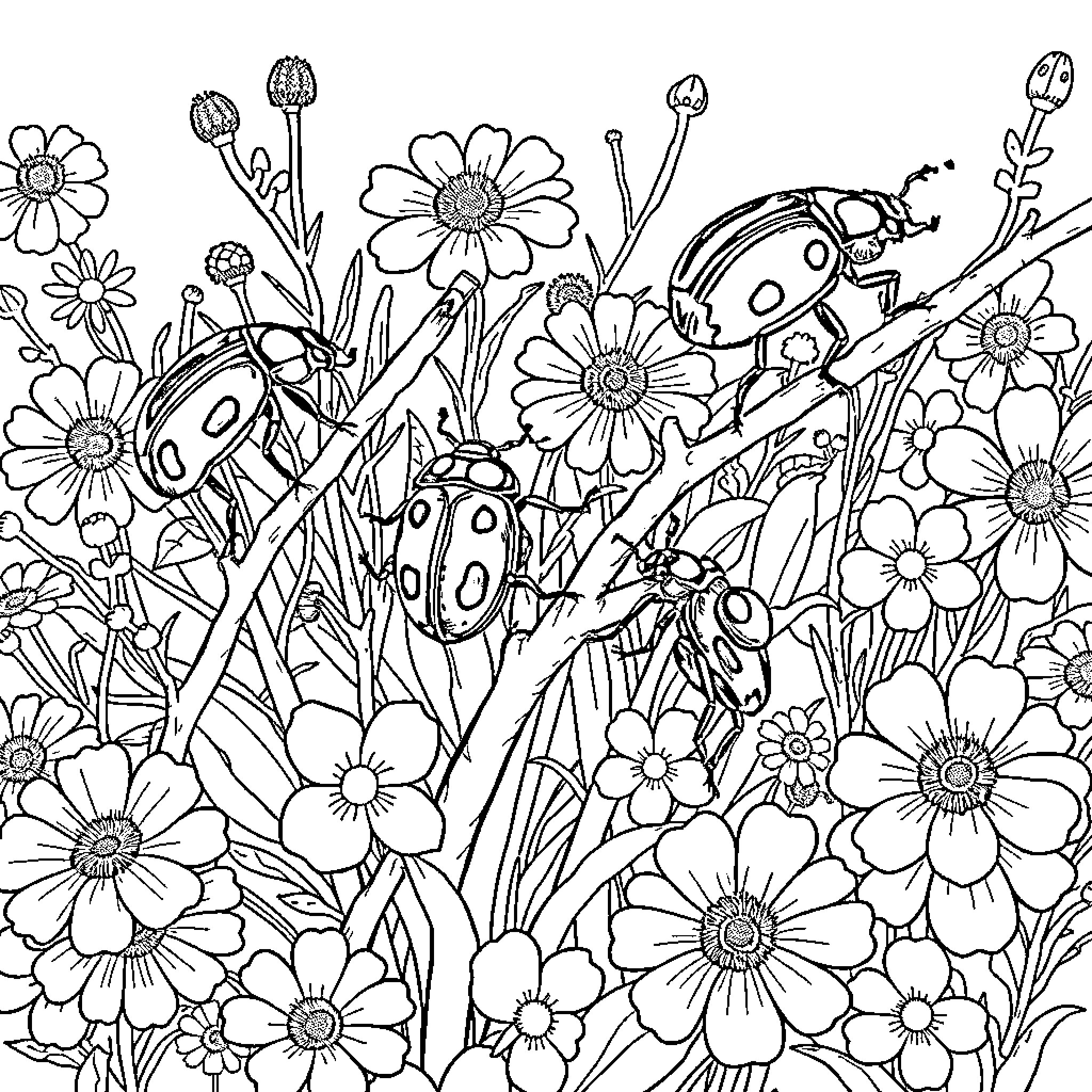 Beetle in a floral field Coloring Page (free black-and-white line drawing printable PDF for all, from beginners to advanced learners, including children, teens, adults, and seniors)