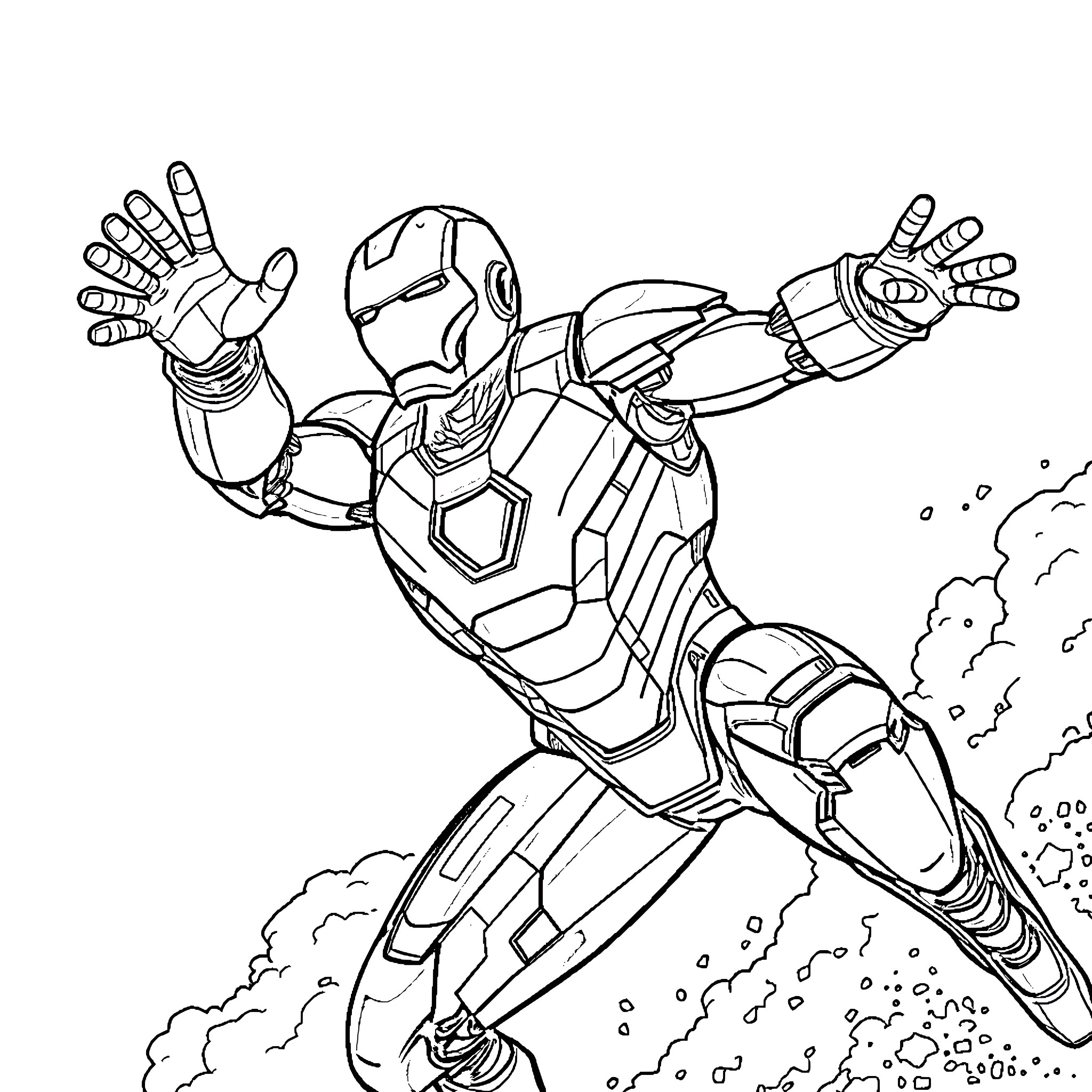 Ironman in mid-action pose with energy blasts Coloring Page (free black-and-white line drawing printable PDF for all, from beginners to advanced learners, including children, teens, adults, and seniors)