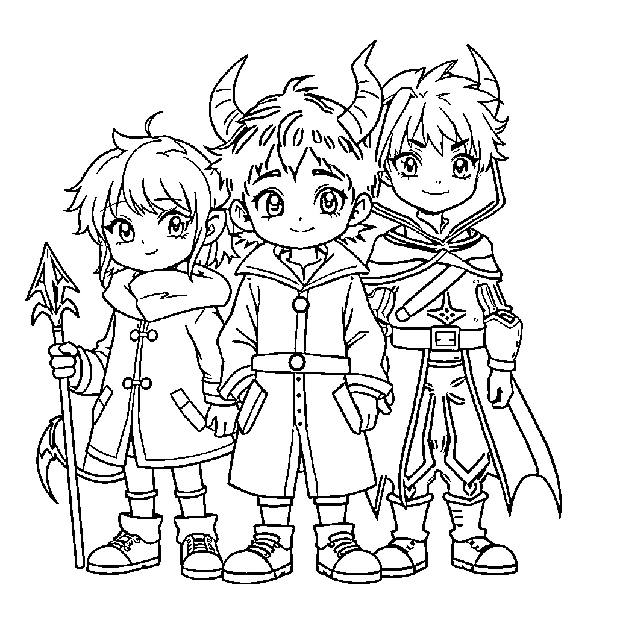 Demon Slayer Team in Action Coloring Page (free black-and-white line drawing printable PDF for all, from beginners to advanced learners, including children, teens, adults, and seniors)