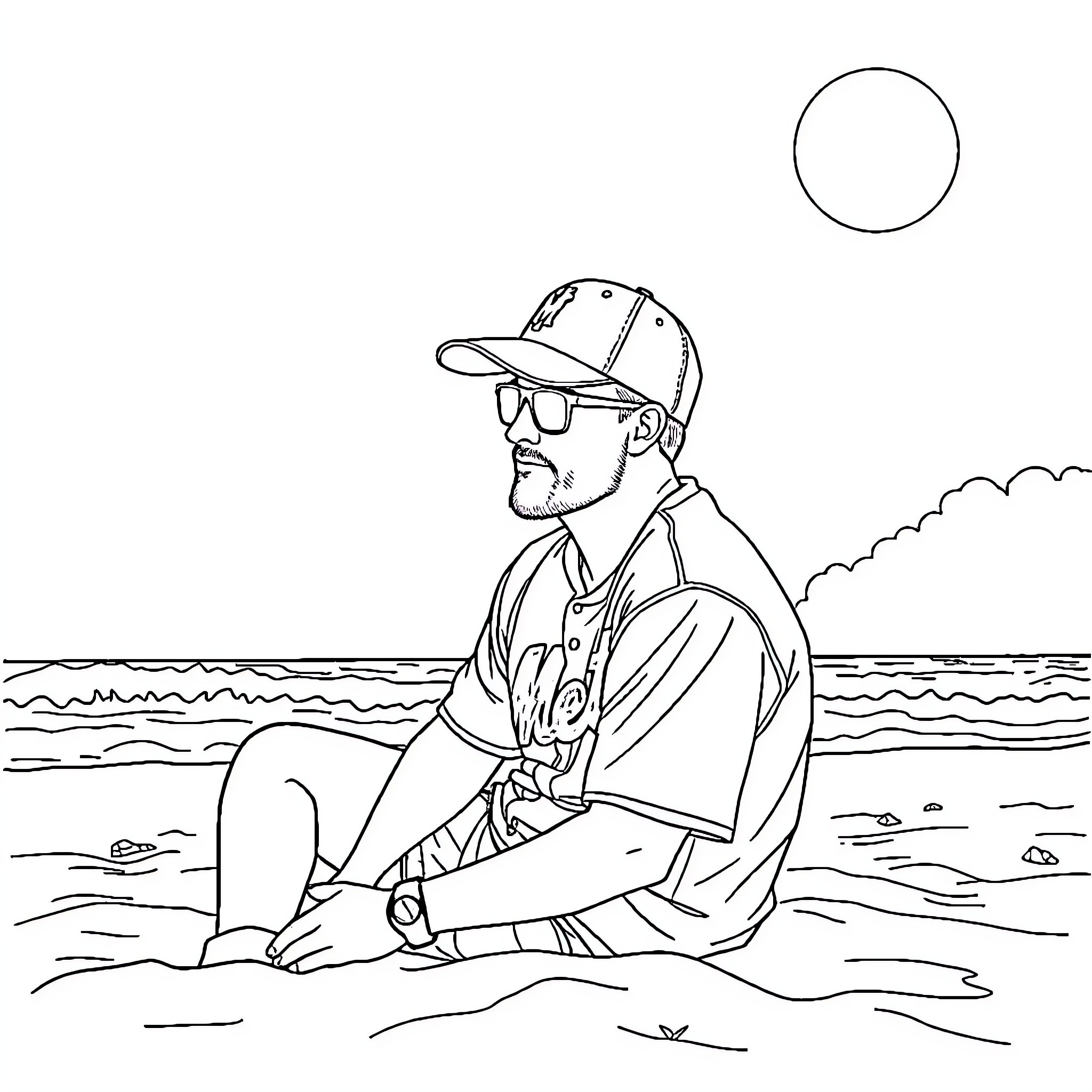 Mets Fan Enjoying the Beach on a Sunny Day Coloring Page (free black-and-white line drawing printable PDF for all, from beginners to advanced learners, including children, teens, adults, and seniors)