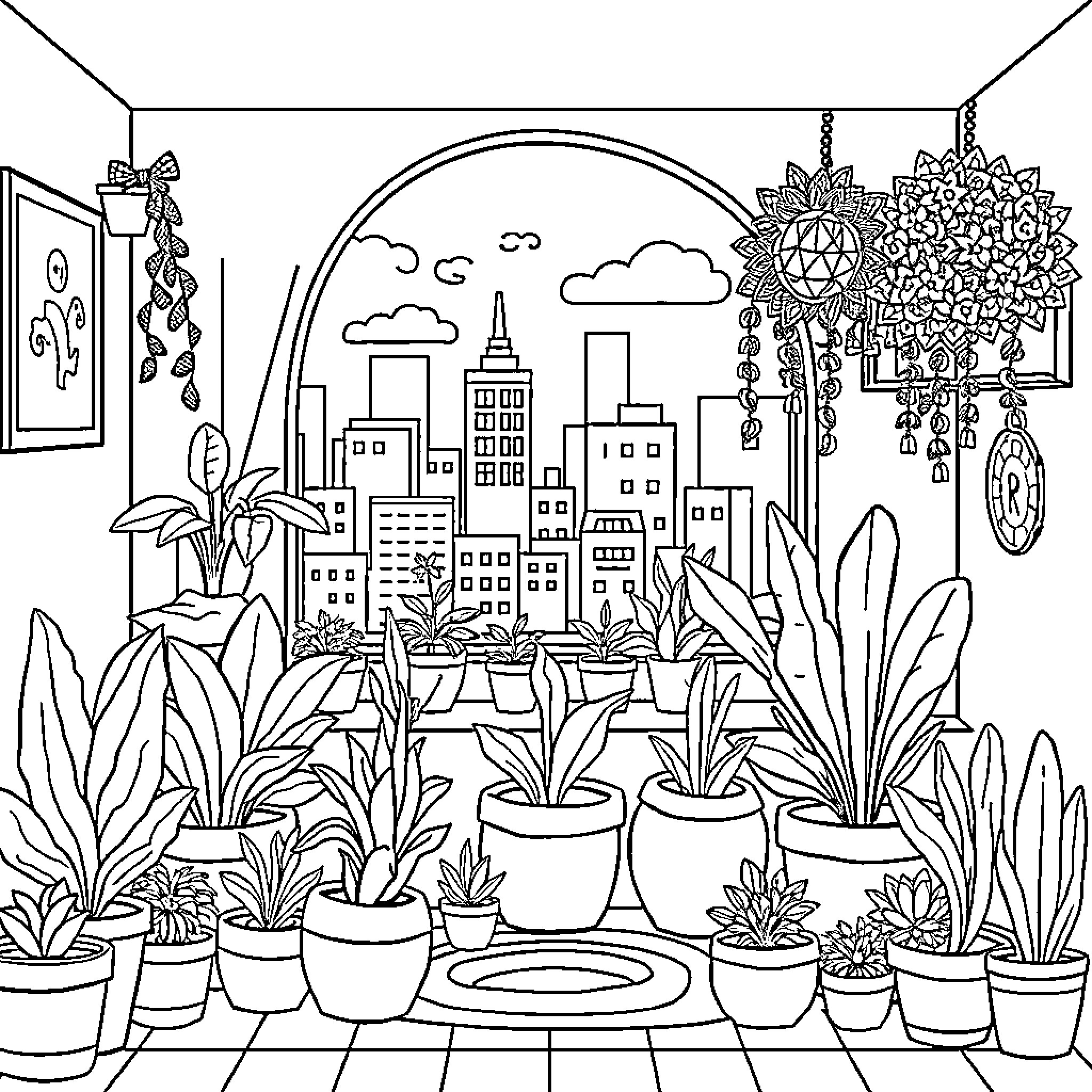 Plant-filled Urban Oasis Coloring Page (free black-and-white line drawing printable PDF for all, from beginners to advanced learners, including children, teens, adults, and seniors)