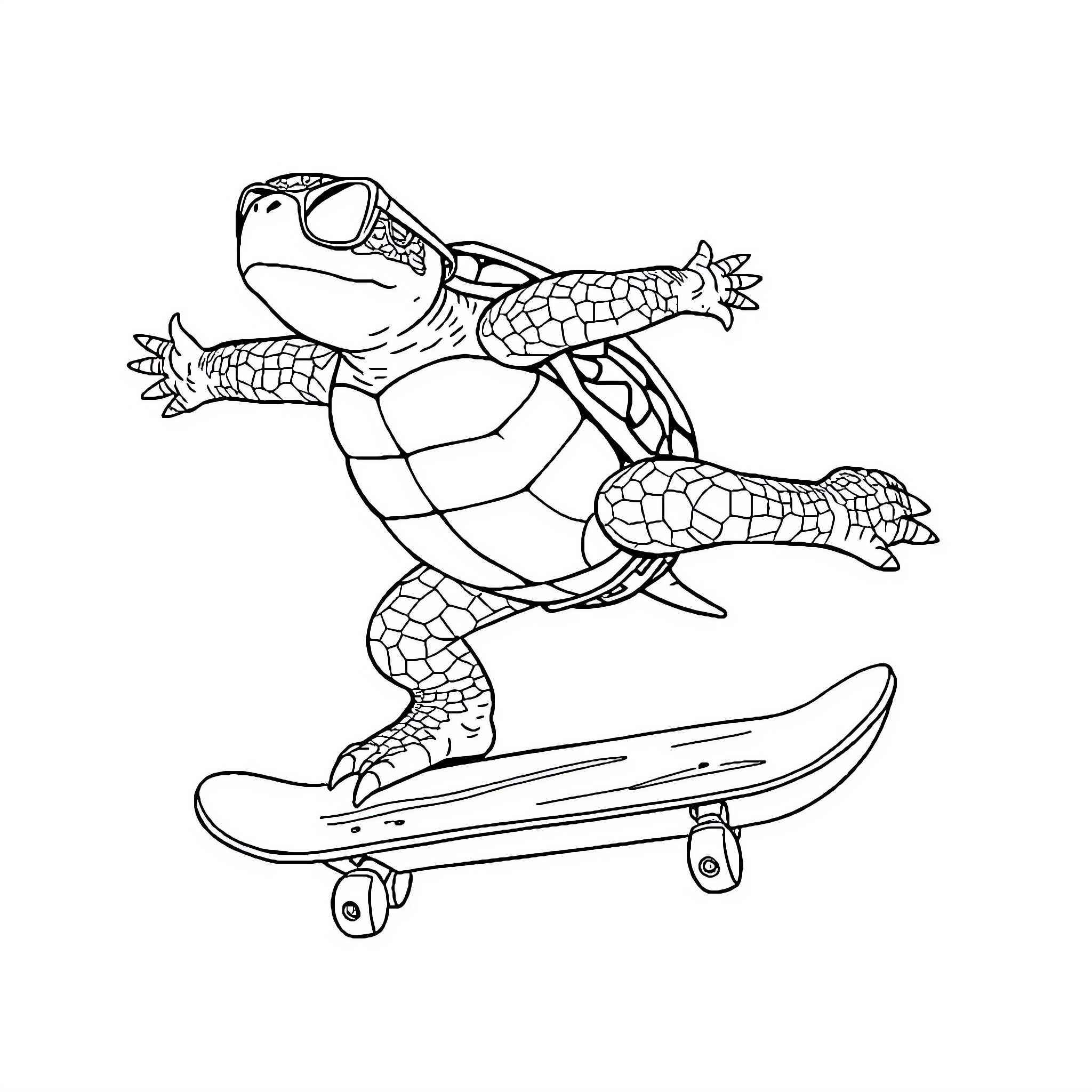 Turtle riding a skateboard Coloring Page (free black-and-white line drawing printable PDF for all, from beginners to advanced learners, including children, teens, adults, and seniors)