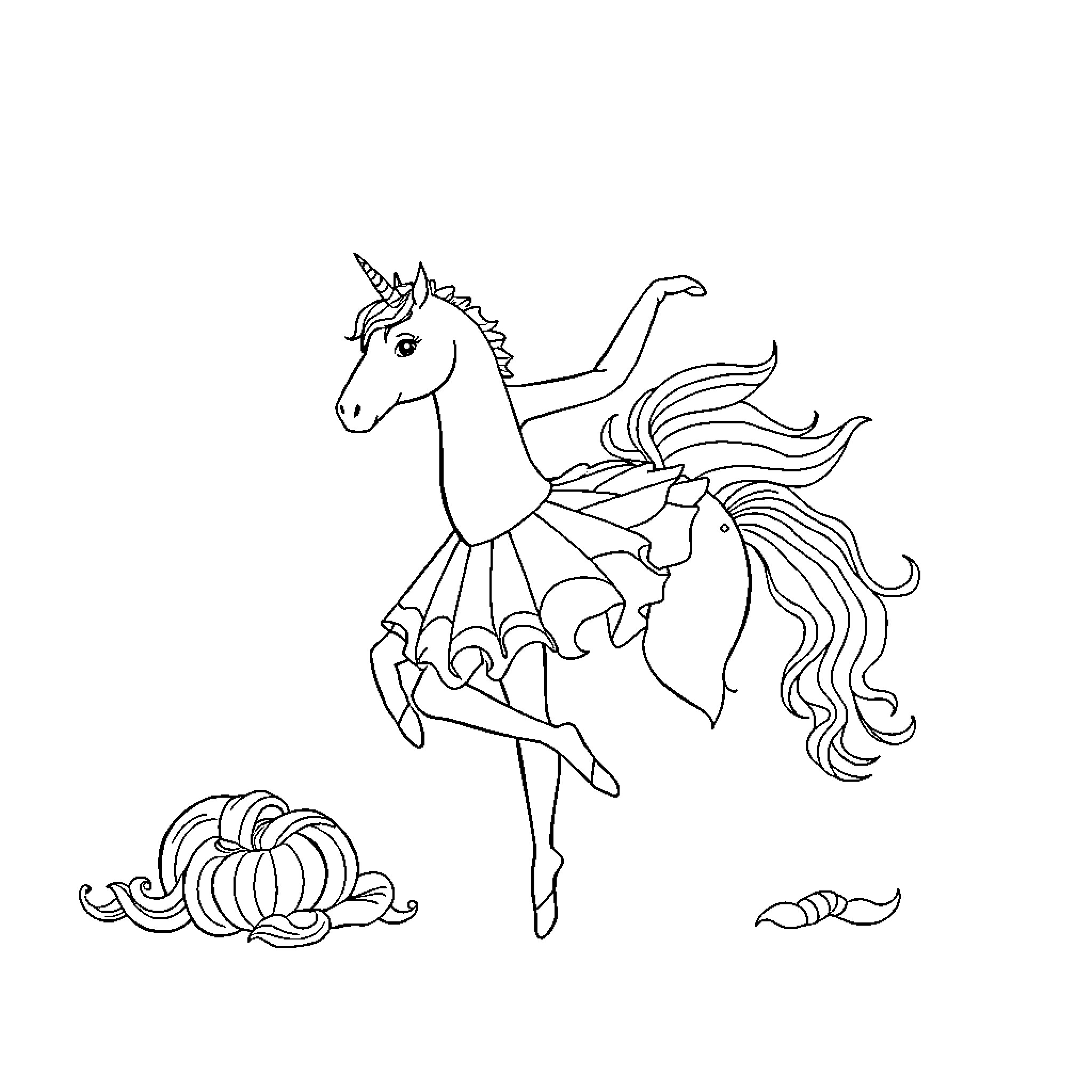 Ballerina unicorn performing graceful dance Coloring Page (free black-and-white line drawing printable PDF for all, from beginners to advanced learners, including children, teens, adults, and seniors)