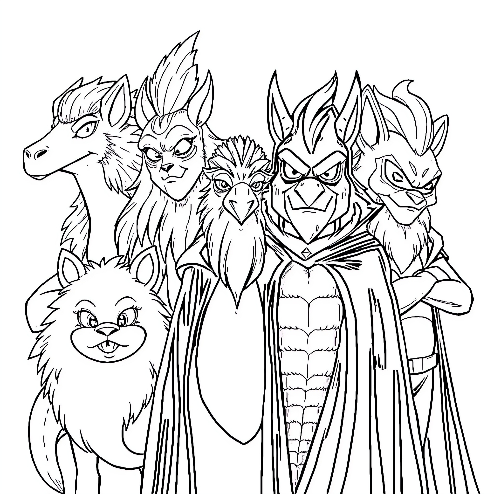 Personajes fantásticos en una escena ilustrativa Coloring Page (free black-and-white line drawing printable PDF for all, from beginners to advanced learners, including children, teens, adults, and seniors)