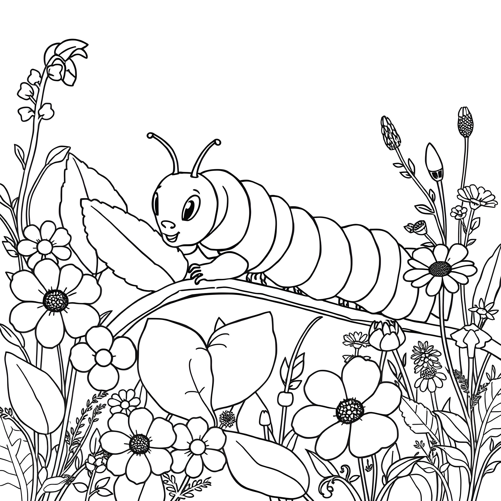 Caterpillar exploring a vibrant floral garden Coloring Page (free black-and-white line drawing printable PDF for all, from beginners to advanced learners, including children, teens, adults, and seniors)