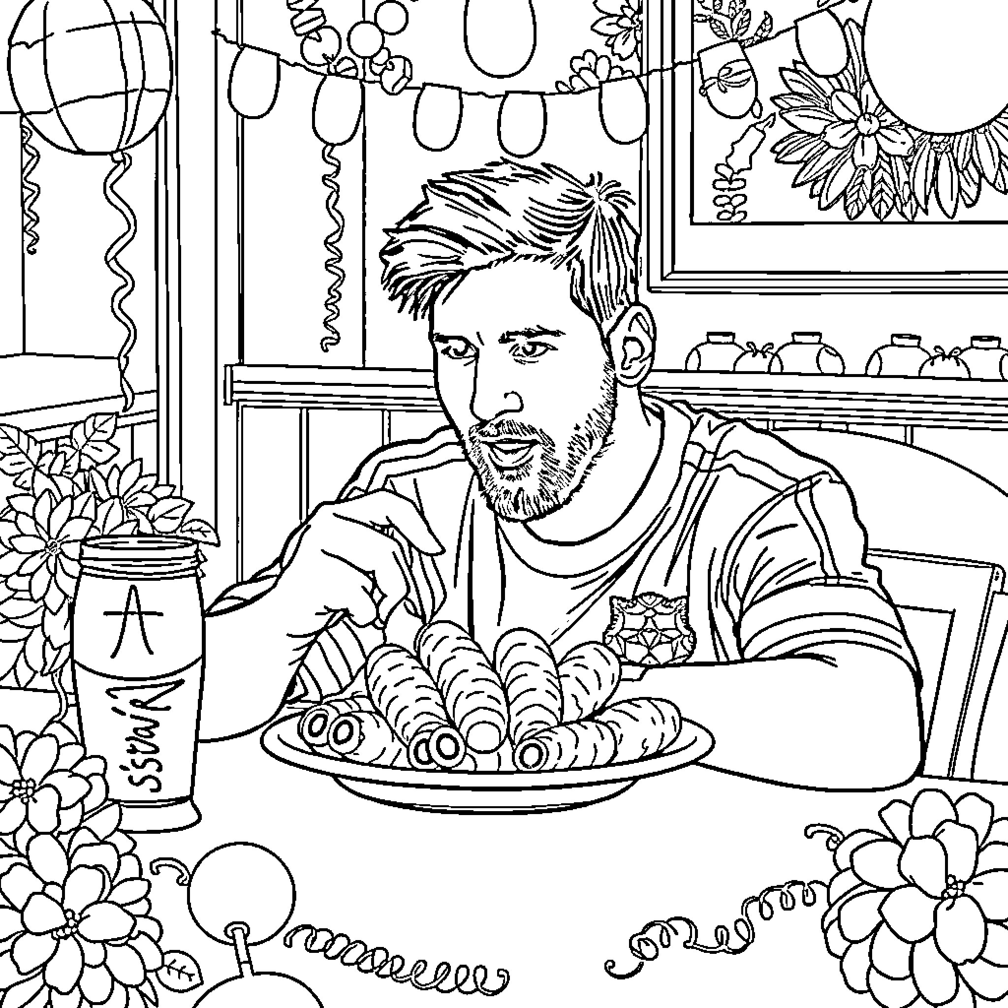 Messi enjoying a meal in a colorful setting Coloring Page (free black-and-white line drawing printable PDF for all, from beginners to advanced learners, including children, teens, adults, and seniors)