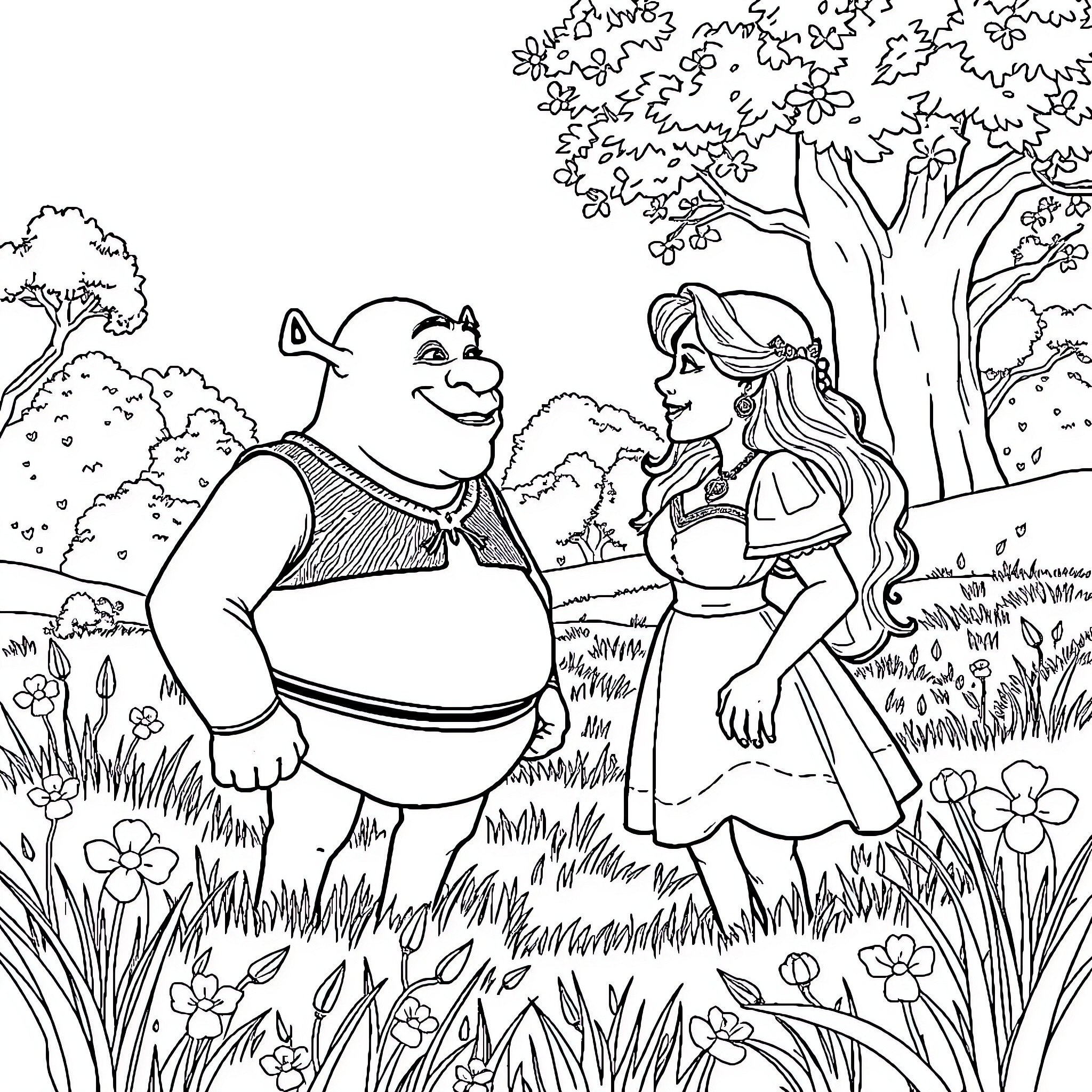 Shrek and Princess Fiona enjoying a peaceful moment in the meadow Coloring Page (free black-and-white line drawing printable PDF for all, from beginners to advanced learners, including children, teens, adults, and seniors)