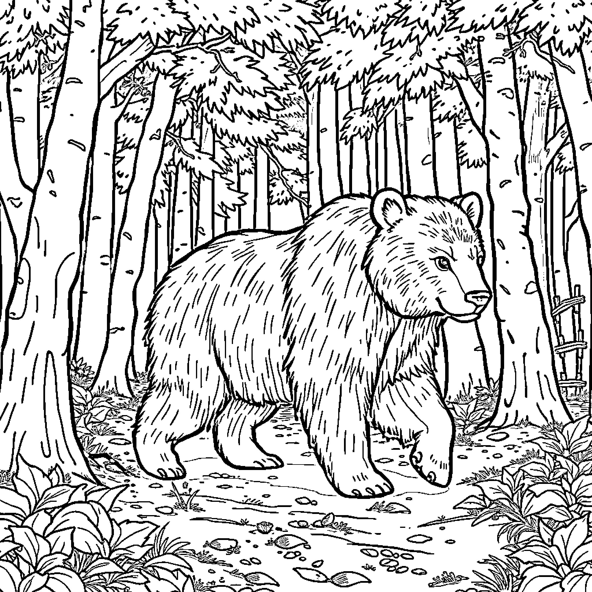 Bear exploring the tranquil forest Coloring Page (free black-and-white line drawing printable PDF for all, from beginners to advanced learners, including children, teens, adults, and seniors)