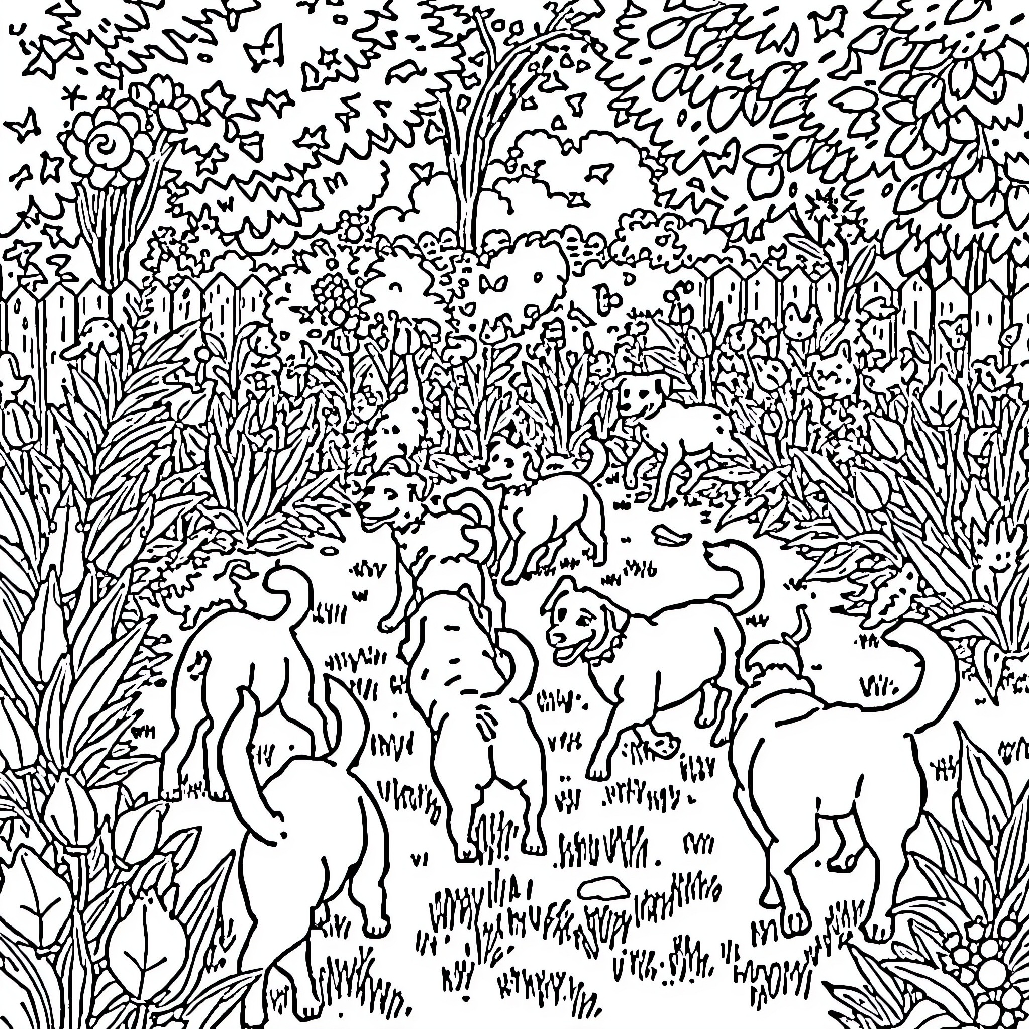 Dog Playing in a Whimsical Garden Coloring Page (free black-and-white line drawing printable PDF for all, from beginners to advanced learners, including children, teens, adults, and seniors)